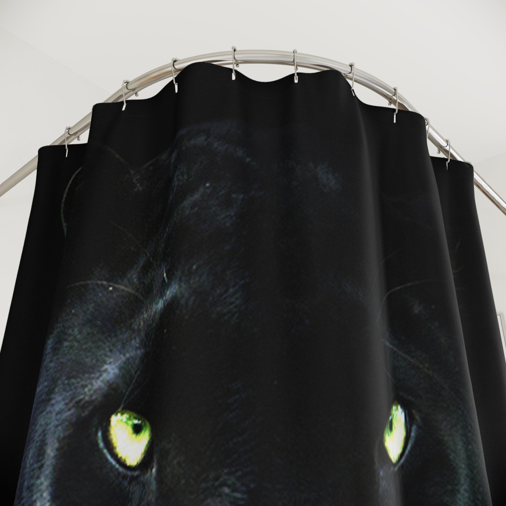 Panther Shower Curtain – Dramatic Black Cat Bathroom Decor with Glowing Green Eyes