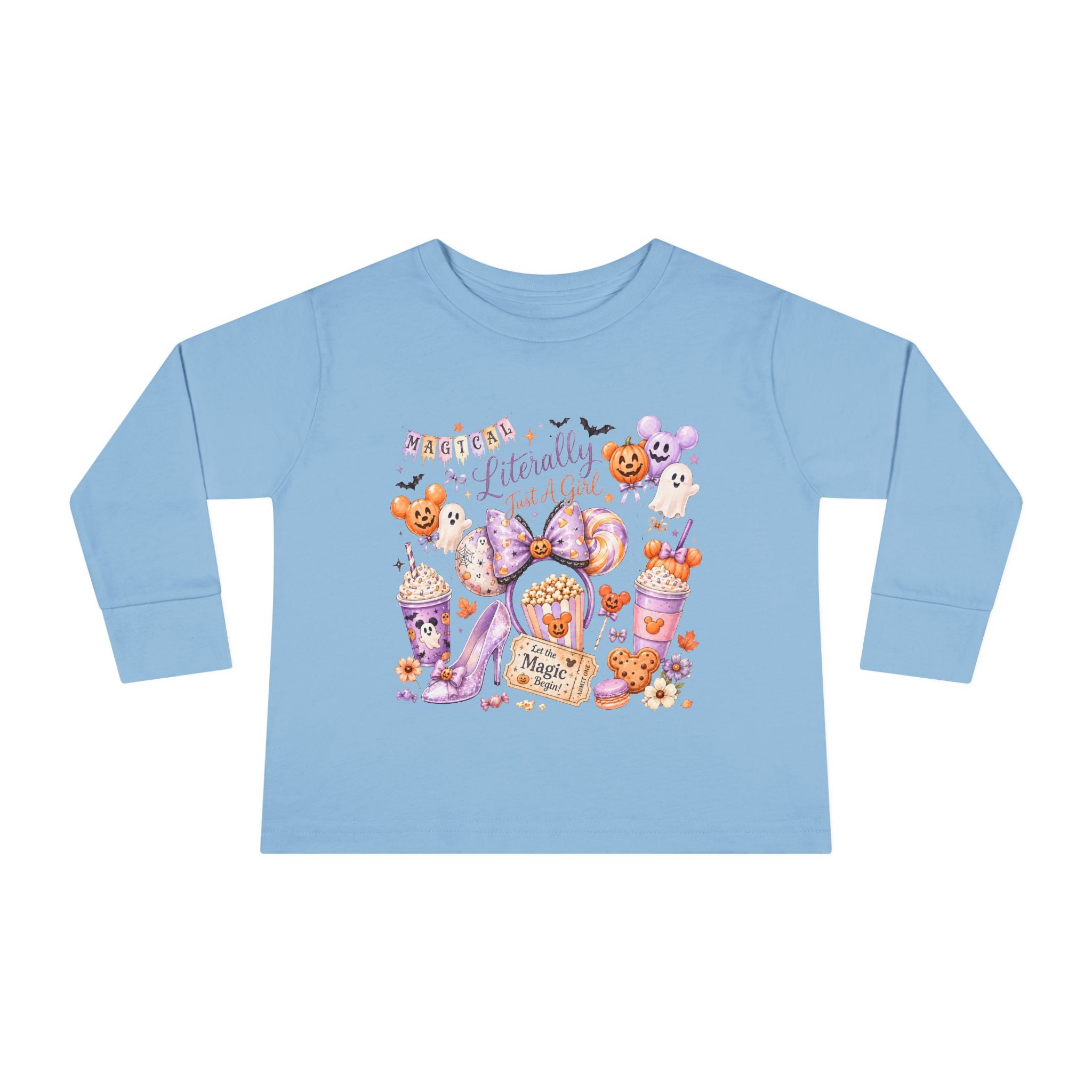 Toddler Long Sleeve Tee — "Pumpkin Spice & Magic" Halloween Minnie Bow Graphic