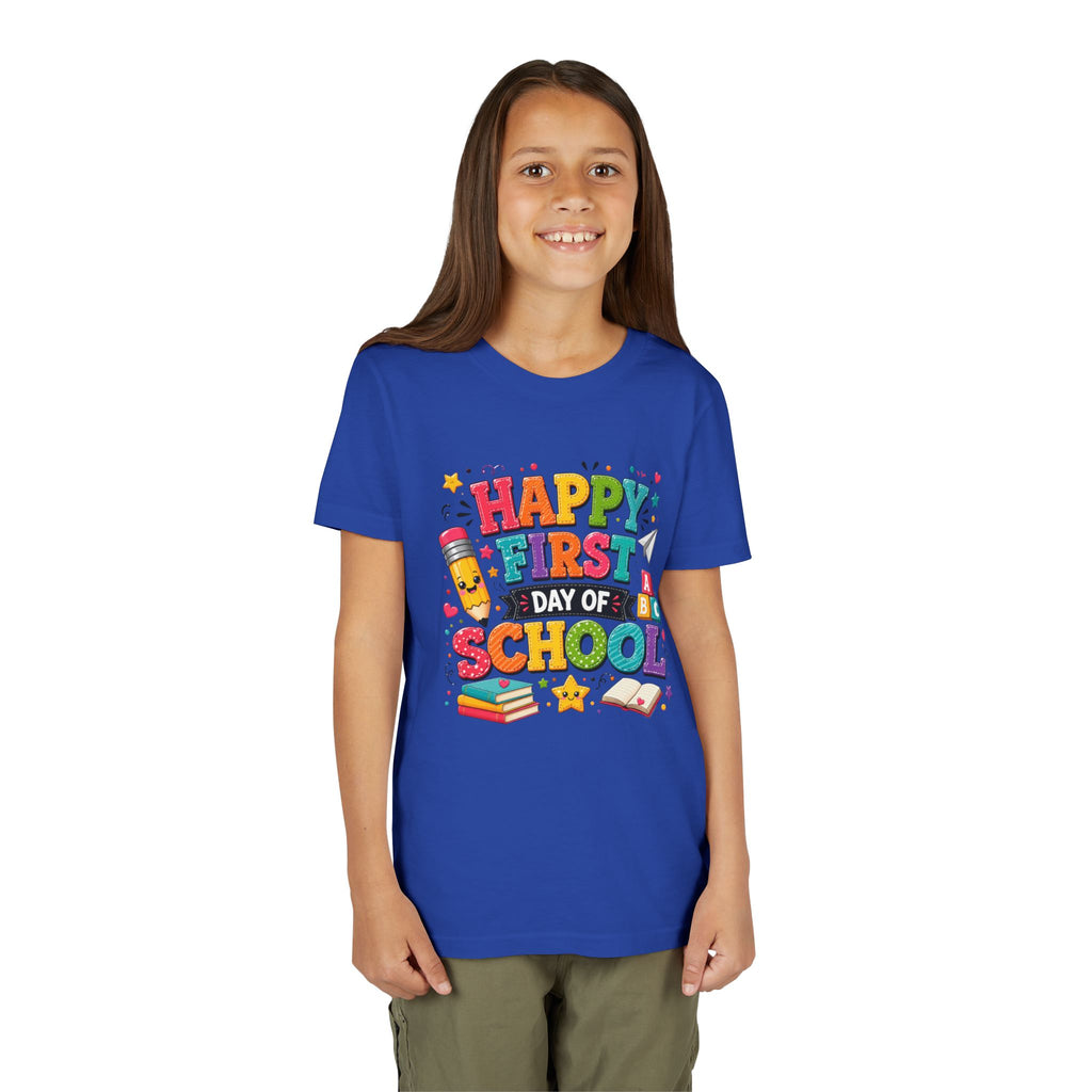 Youth Tee — "Happy First Day of School" Back-to-School Graphic Shirt
