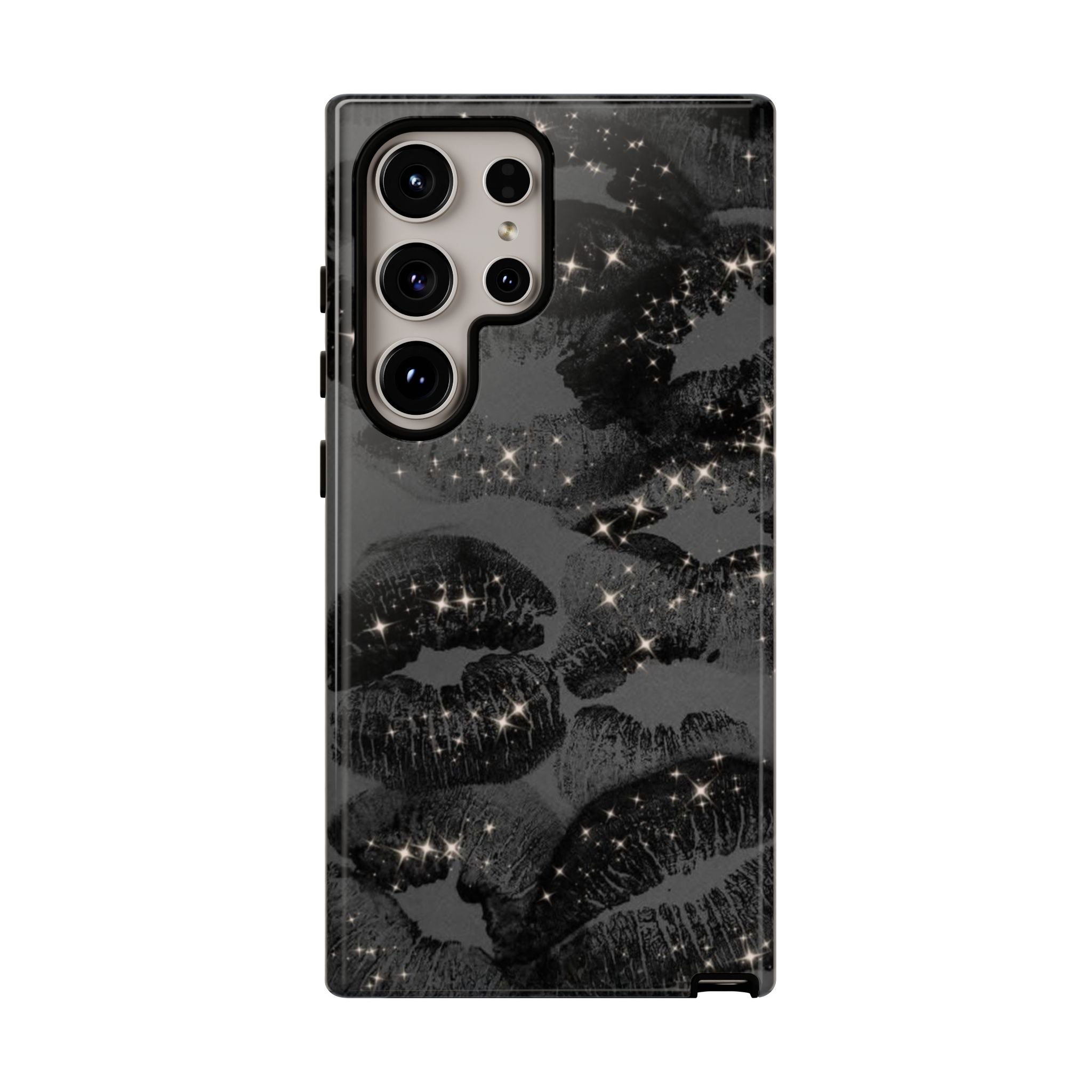 Black Glitter Kiss Phone Case — Sparkling Lip Print Protective Cover
