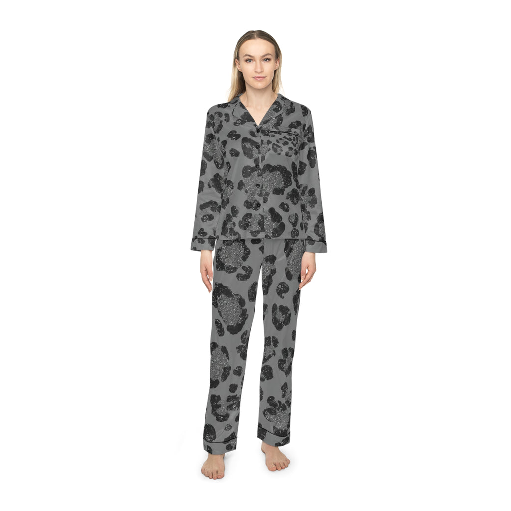 Gray Leopard Satin Pajama Set — Women's Long Sleeve Sleepwear