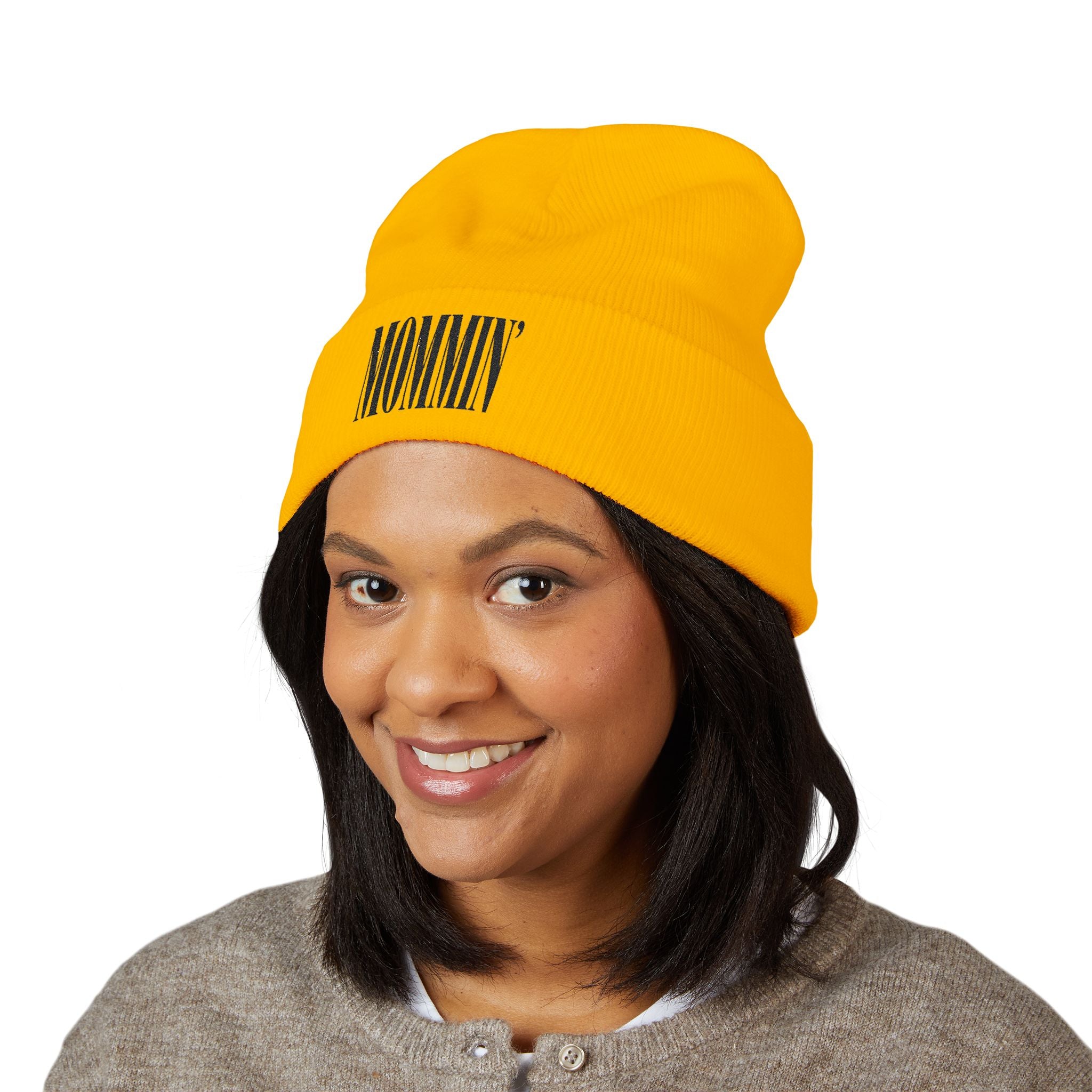 Embroidered "Mommin'" Cuffed Beanie — Cozy Knit Mom Hat