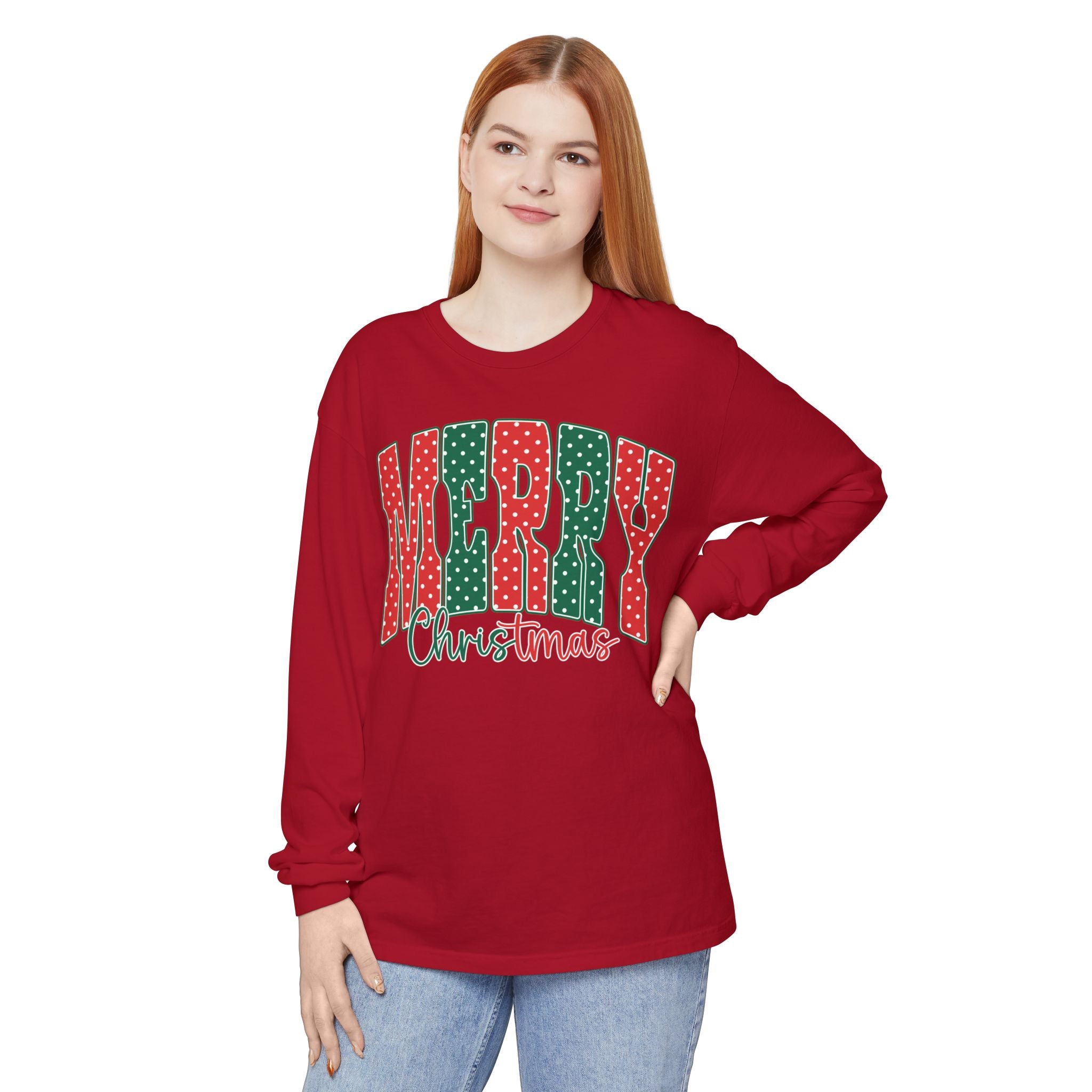 Merry Christmas Long Sleeve Tee — Festive Red & Green Holiday Shirt