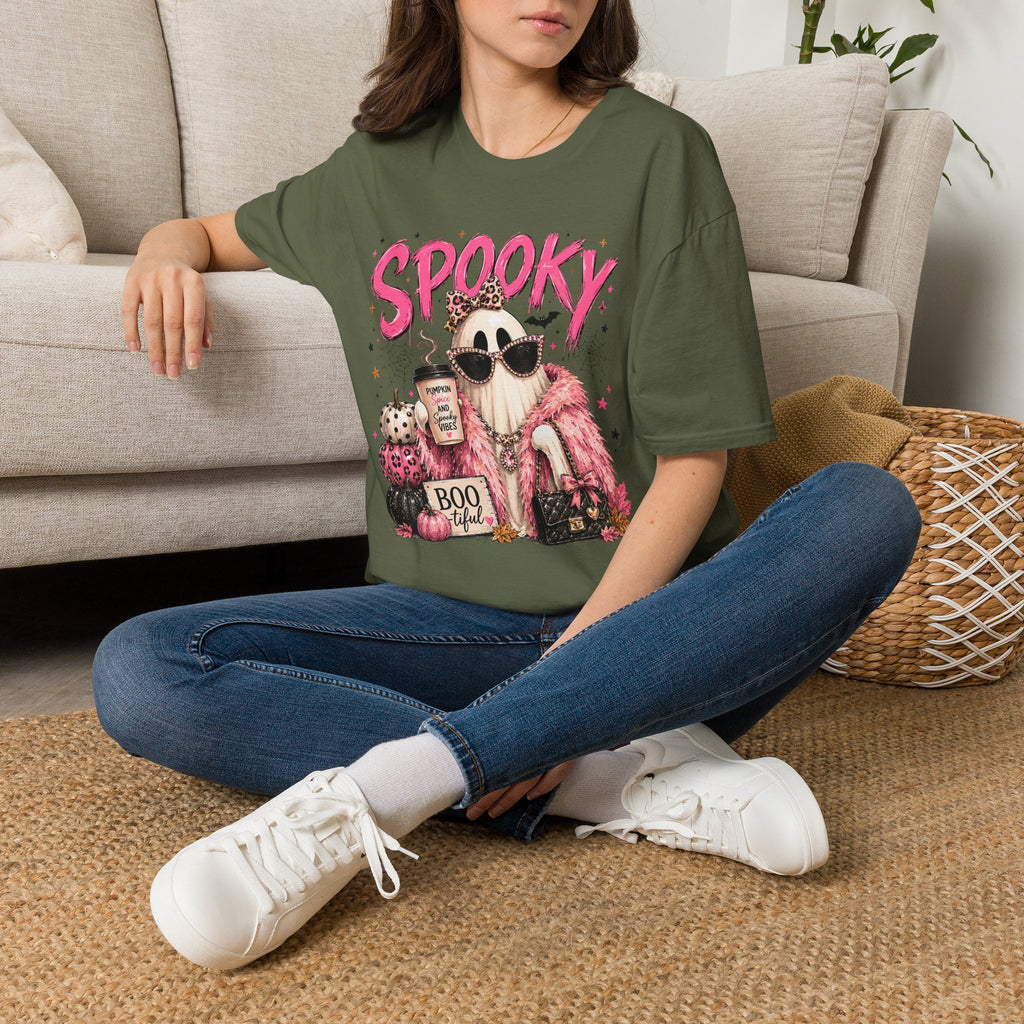 Spooky Glam T-Shirt — Cute Pink Ghost with Sunglasses & Pumpkin Latte