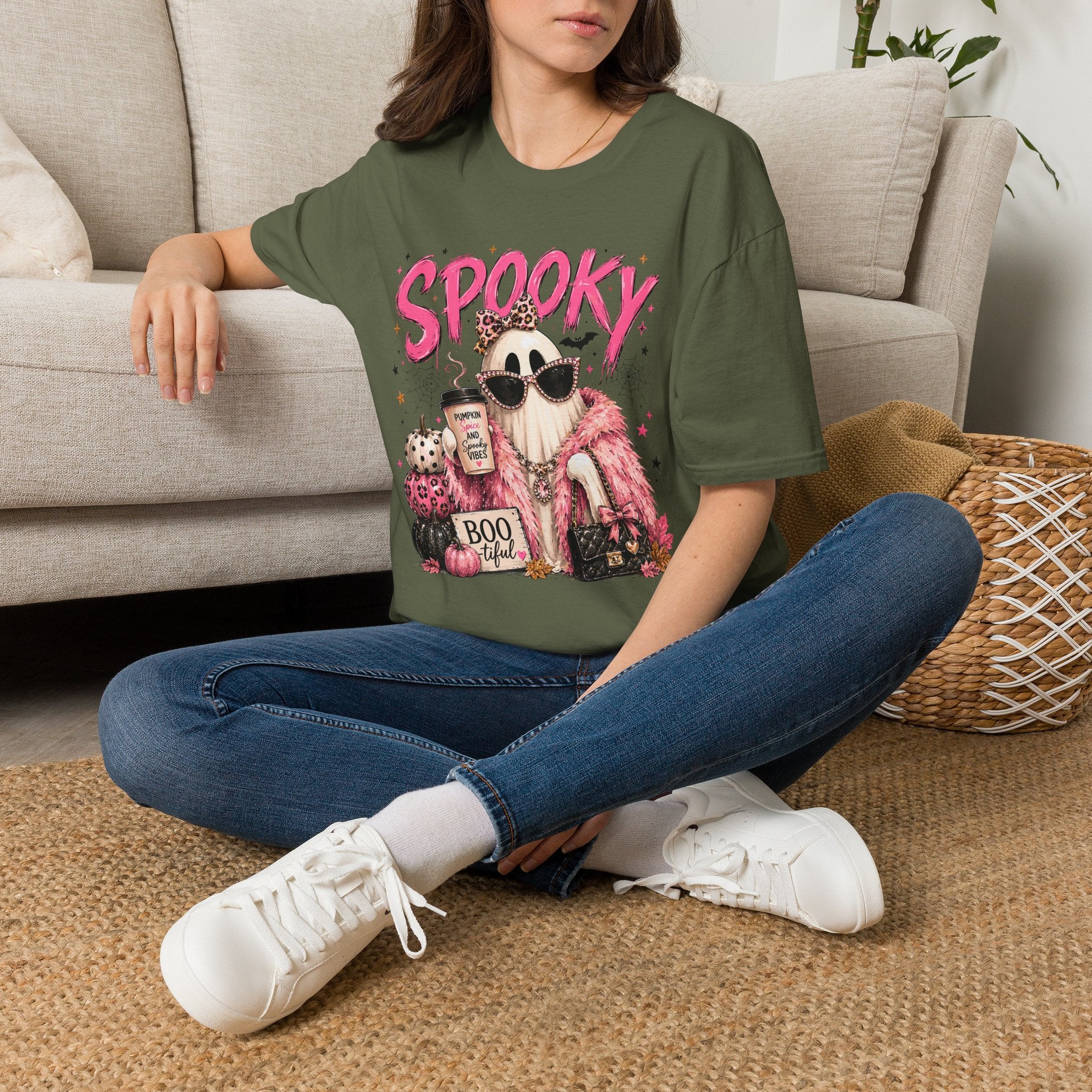 Spooky Glam T-Shirt — Cute Pink Ghost with Sunglasses & Pumpkin Latte
