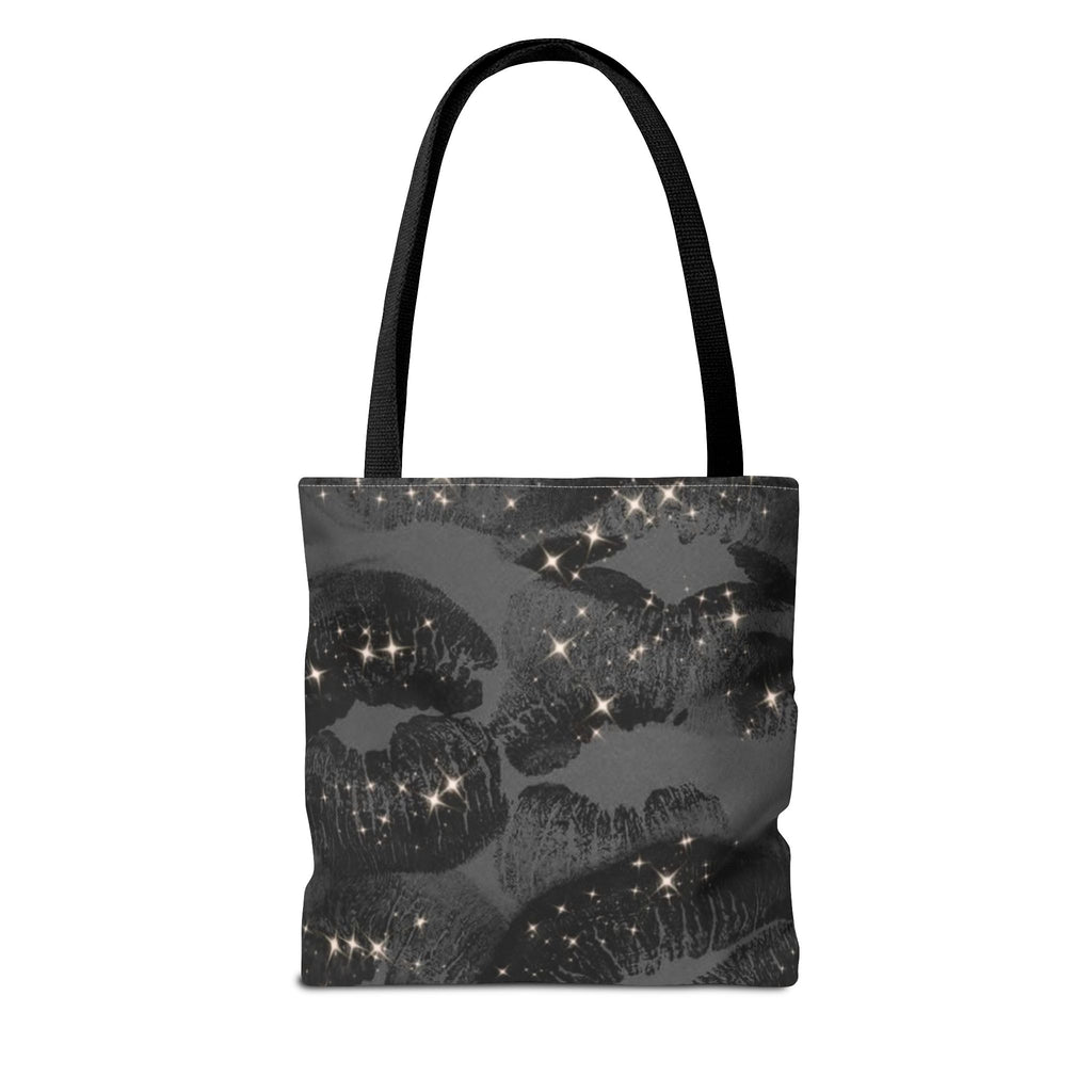 Glitter Kiss Print Tote Bag | Black Lipstick Pattern, Sparkle All-Over