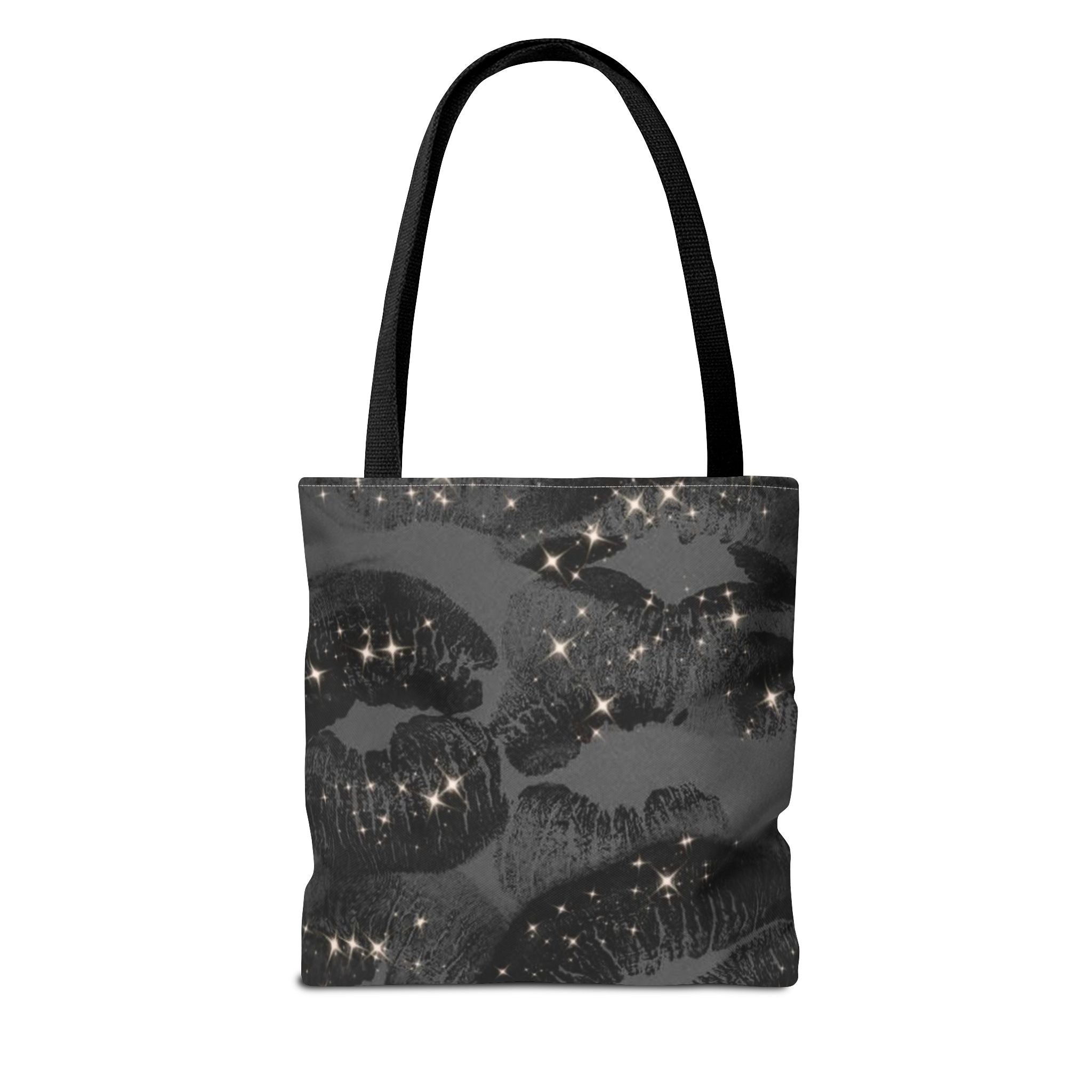 Glitter Kiss Print Tote Bag | Black Lipstick Pattern, Sparkle All-Over