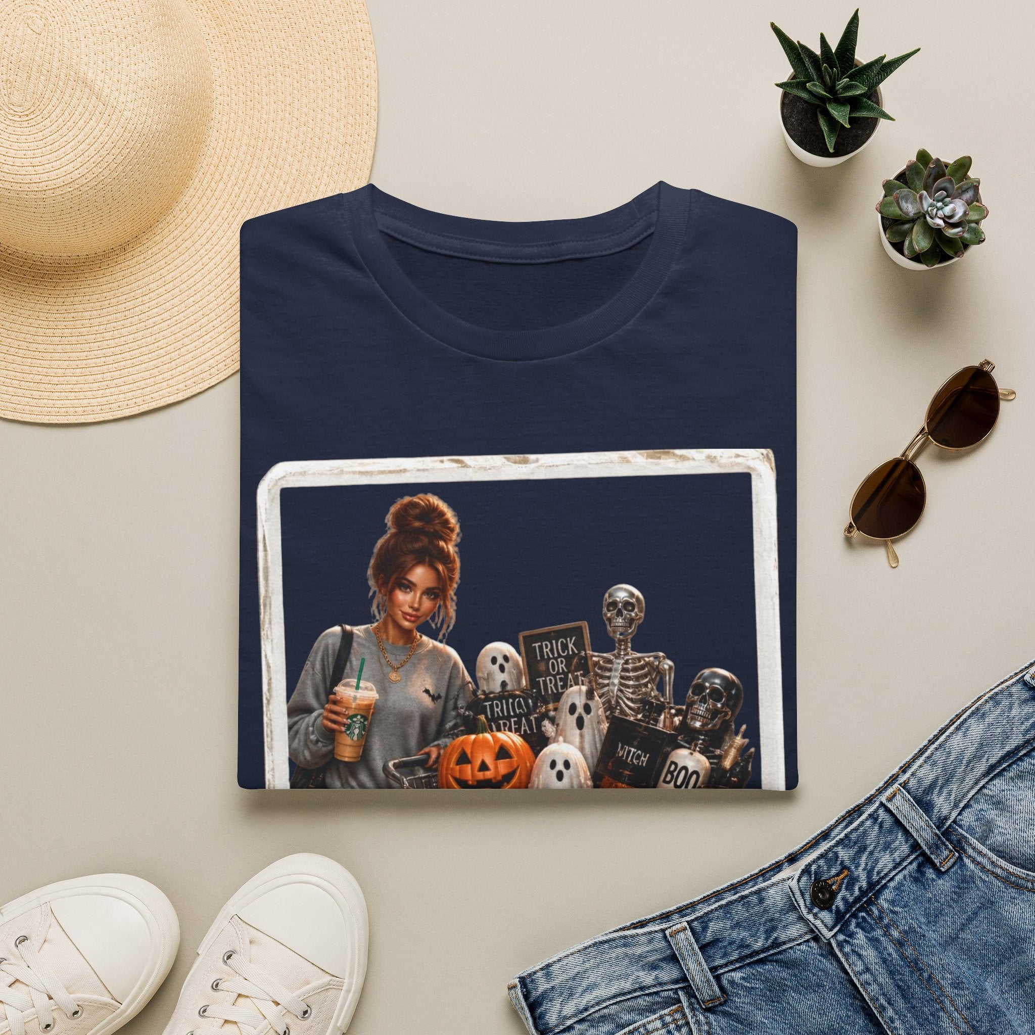 Halloween Cozy Tee — Woman with Pumpkin & Skeleton Graphic