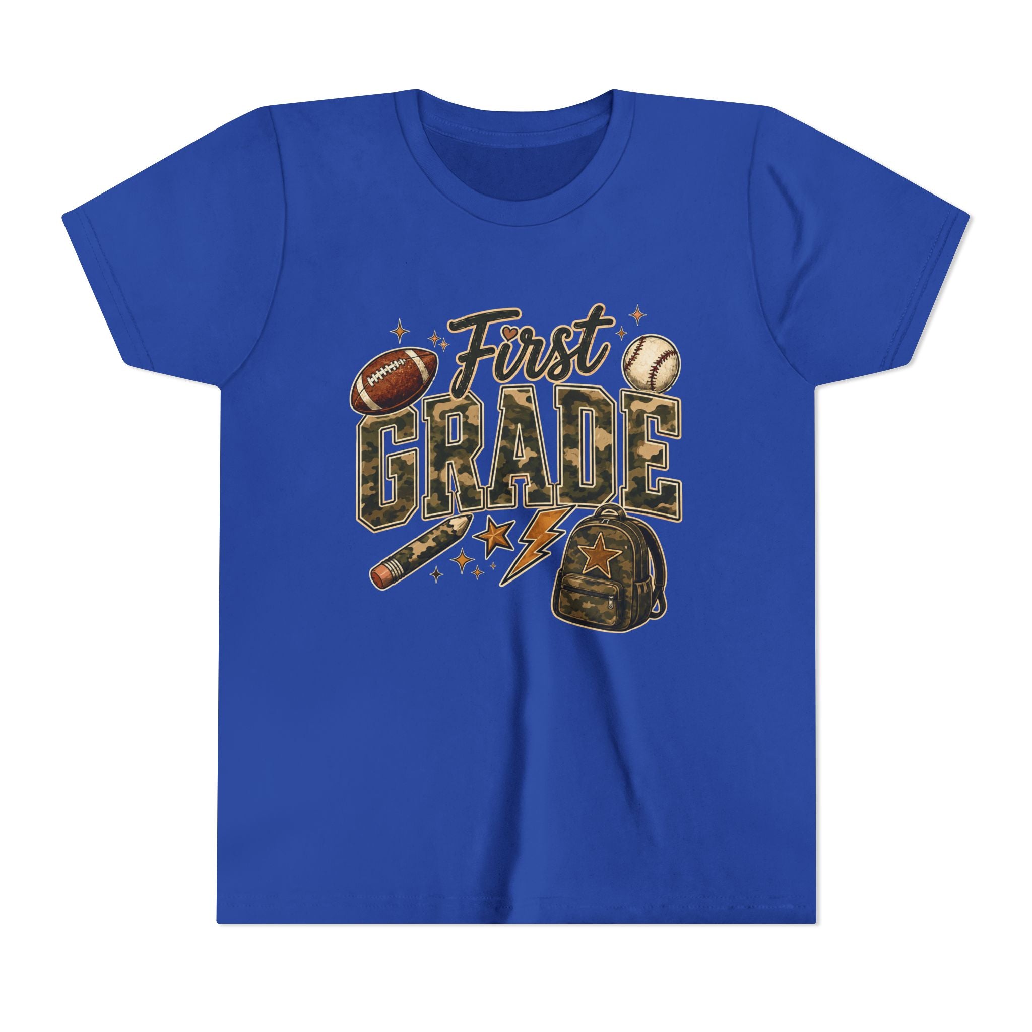First Grade Kids T‑Shirt — Back to School Sports Backpack Design