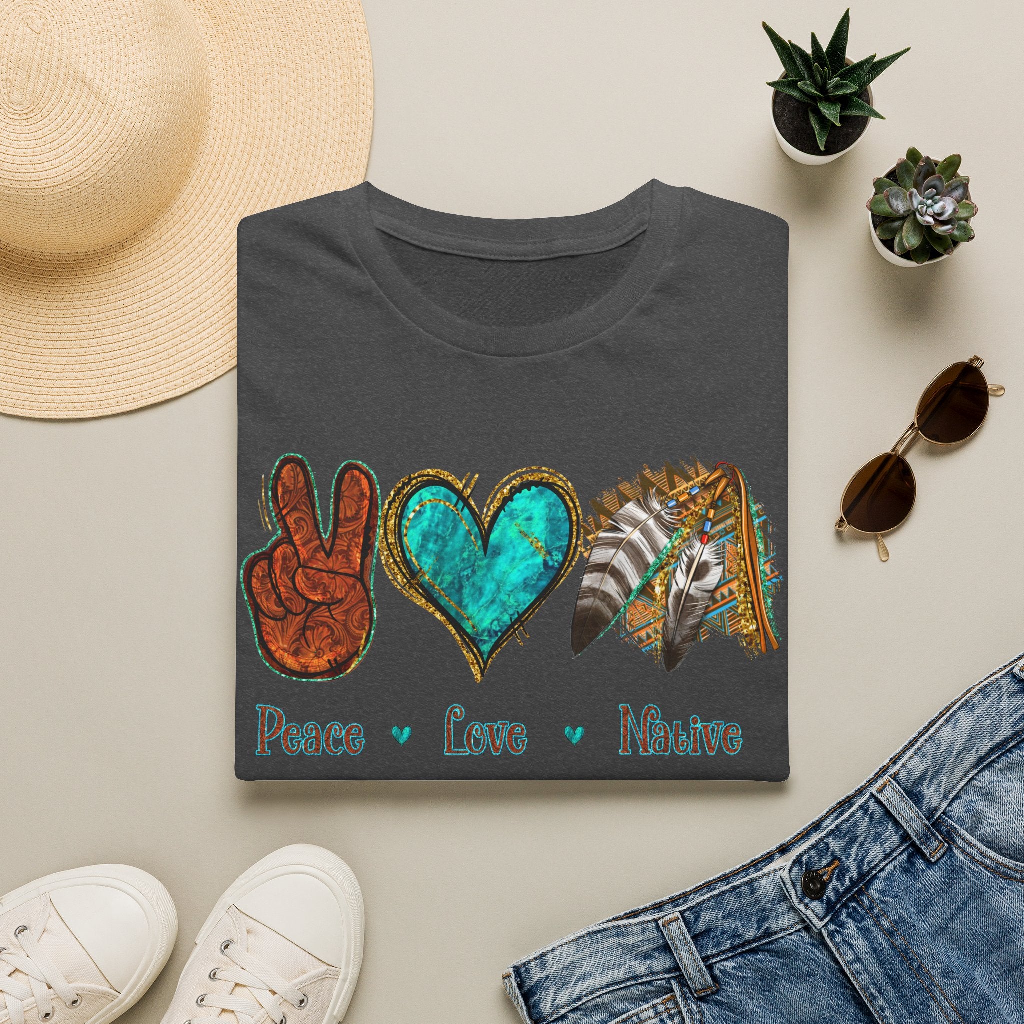 Peace Love Native T-Shirt — Boho Tribal Teal Heart Graphic Tee