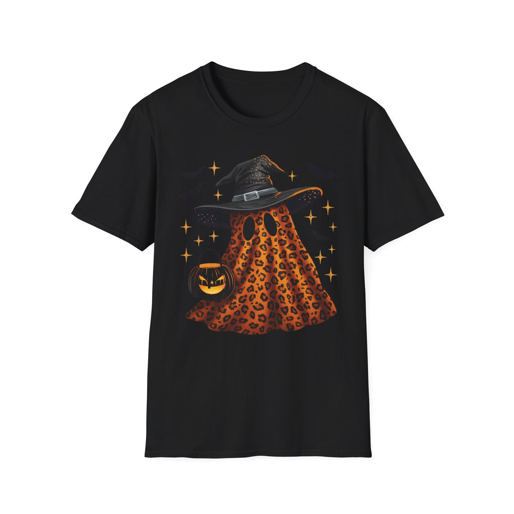Halloween Leopard Ghost T-Shirt — Witch Hat & Bats Graphic