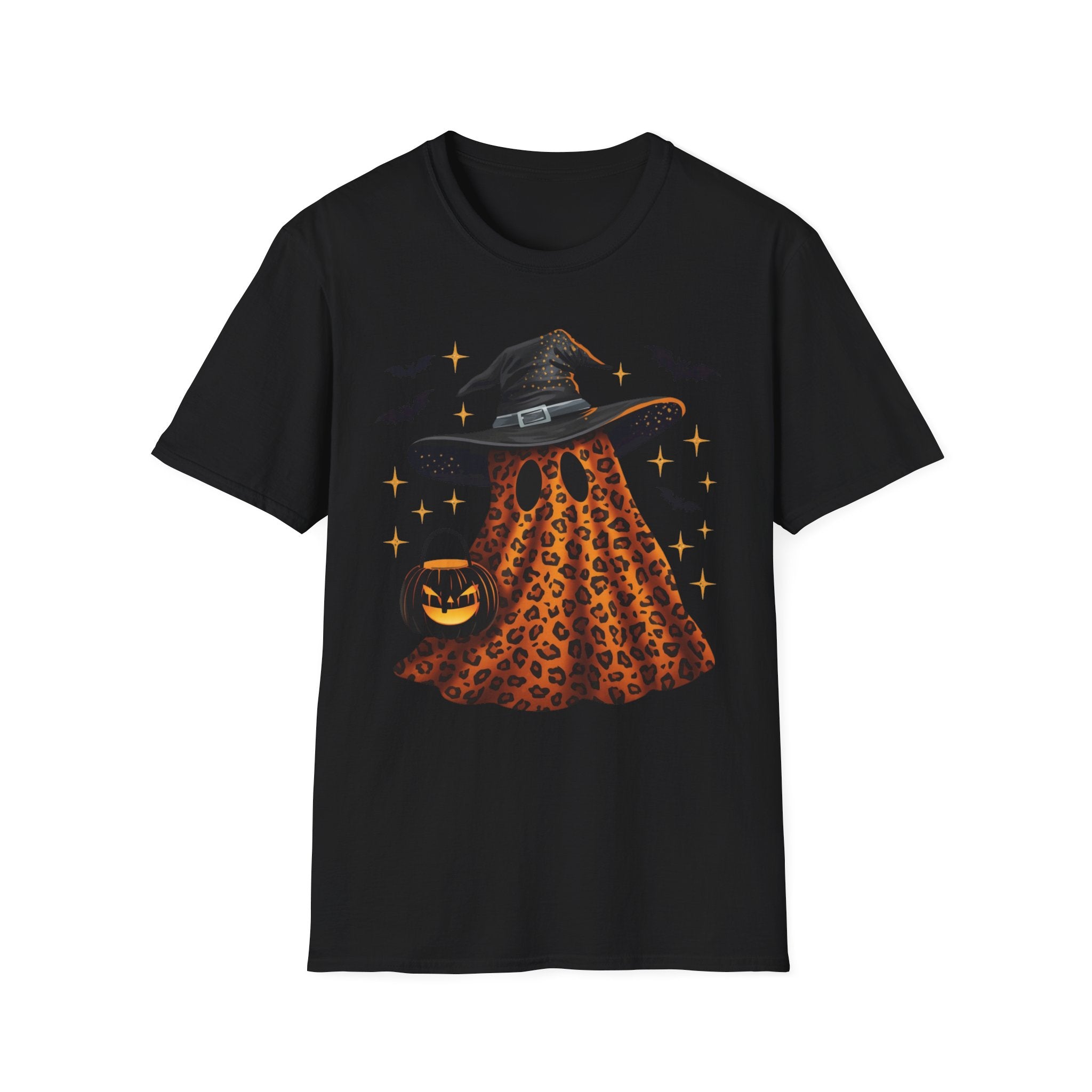 Halloween Leopard Ghost T-Shirt — Witch Hat & Bats Graphic