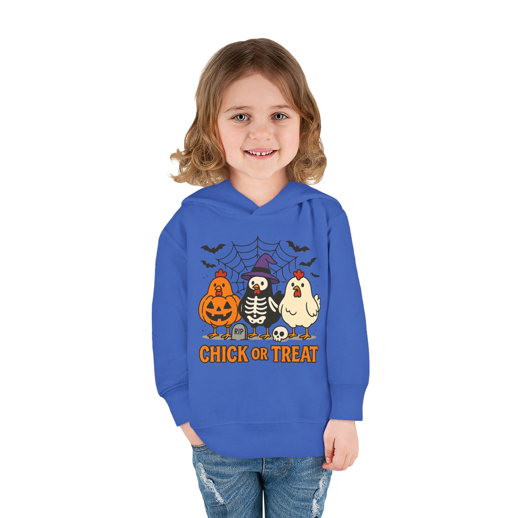 Toddler Halloween Pullover Hoodie – "Chick or Treat" Pumpkin Skeleton Chicken Kids Fleece