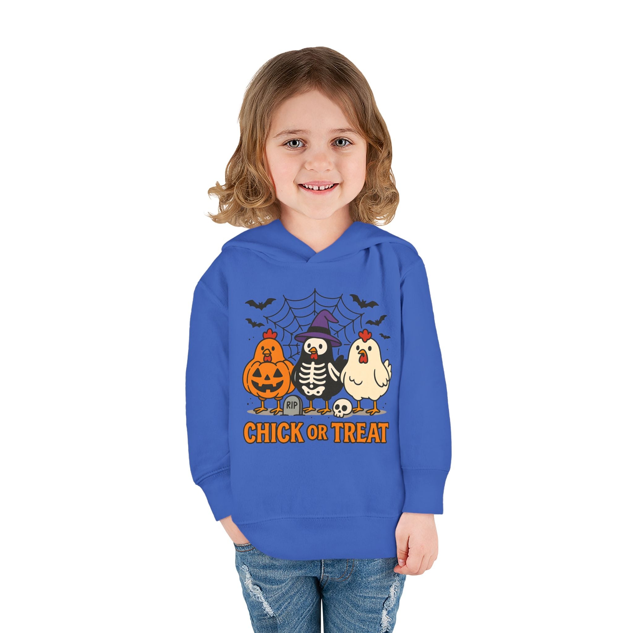Toddler Halloween Pullover Hoodie – "Chick or Treat" Pumpkin Skeleton Chicken Kids Fleece