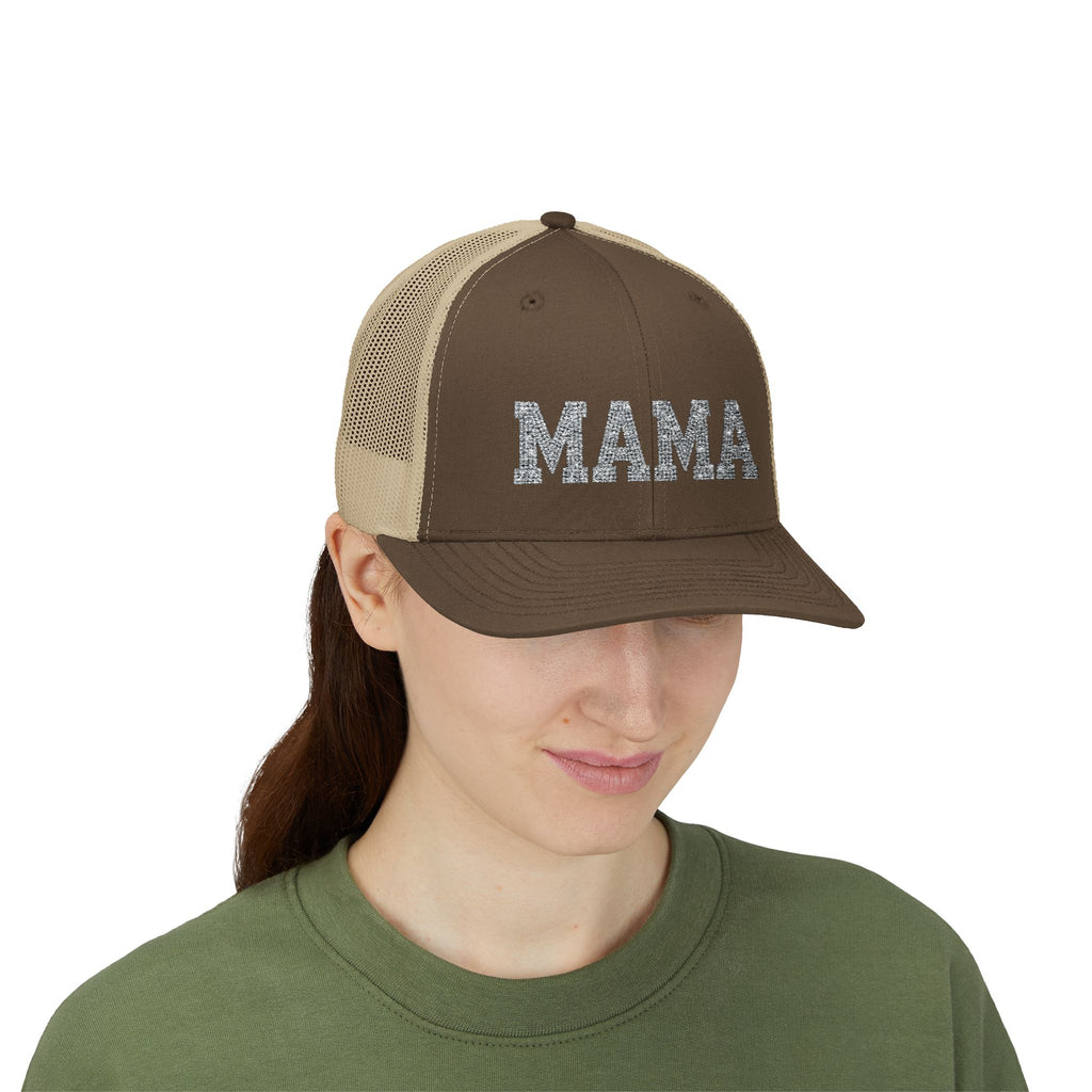 Mama Snapback Trucker Cap — Glitter Script "MAMA" Mesh Back Hat for Moms, Mother's Day Gift