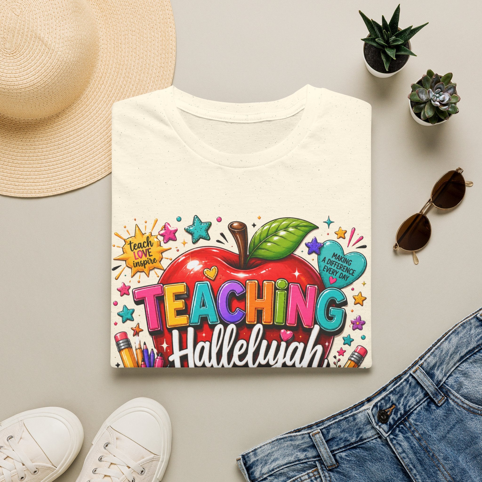 Teacher T-Shirt — "Teaching Hallelujah" Colorful Apple Classroom Tee
