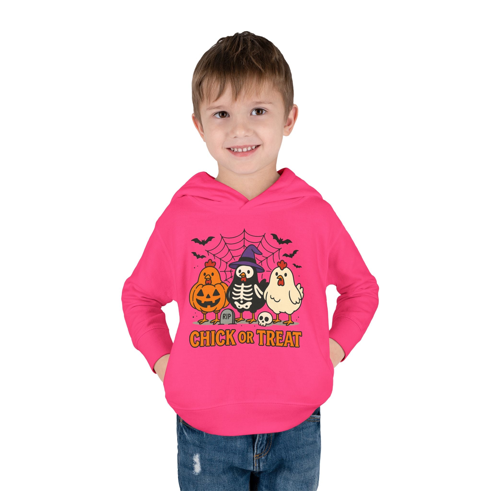 Toddler Halloween Pullover Hoodie – "Chick or Treat" Pumpkin Skeleton Chicken Kids Fleece