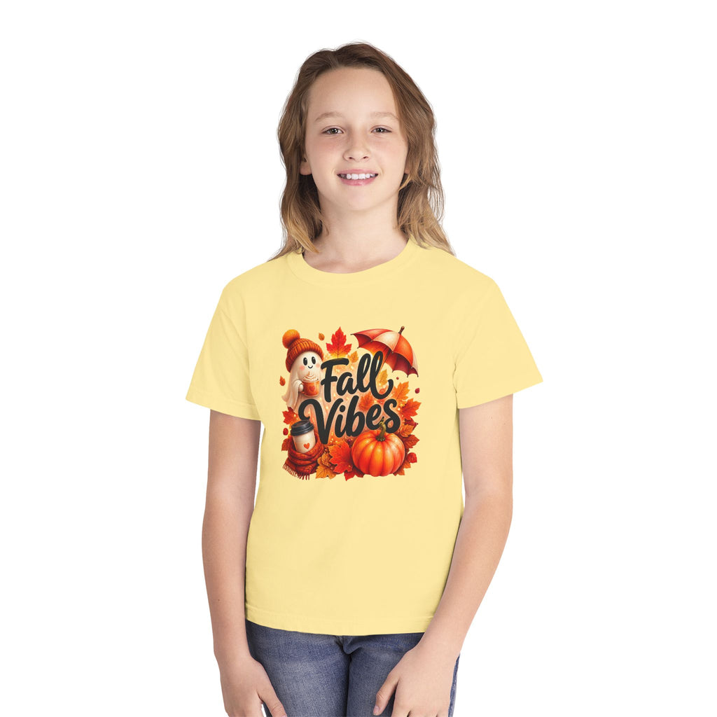 Fall Vibes Youth Tee — Cute Pumpkin, Leaves & Scarecrow Autumn Shirt