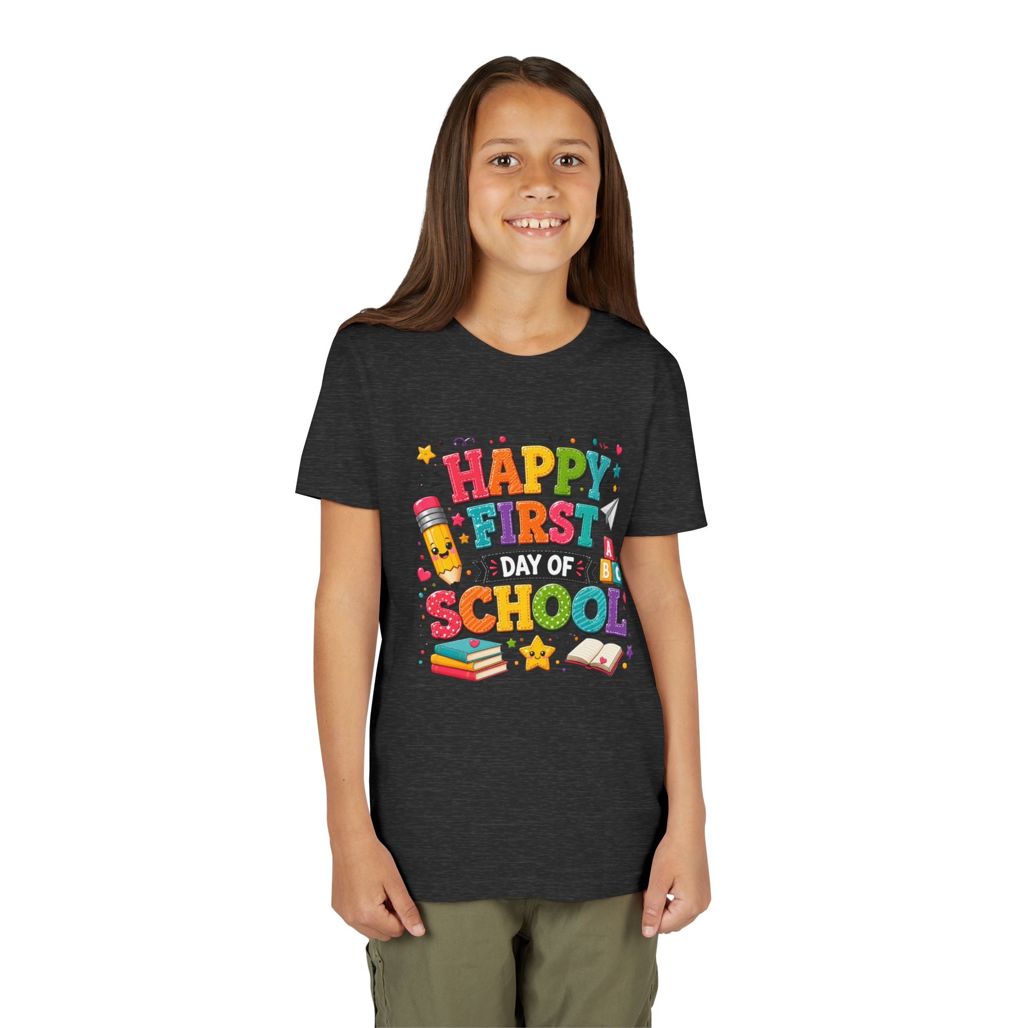 Youth Tee — "Happy First Day of School" Back-to-School Graphic Shirt