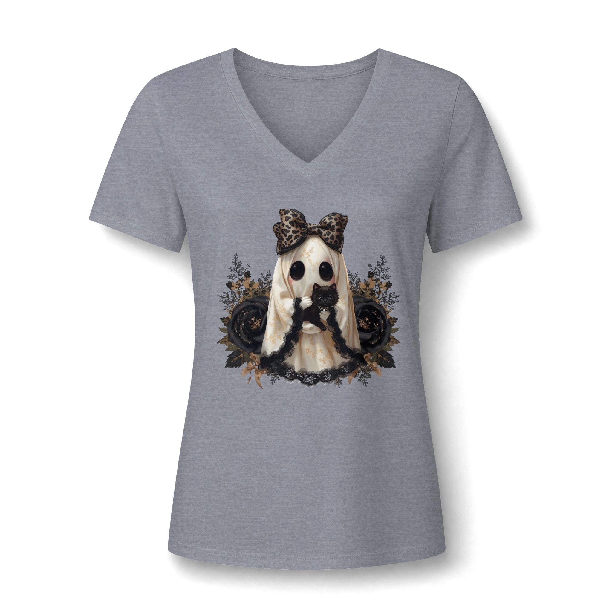 Women's V-Neck Tee — Gothic Doll with Leopard Bow Graphic