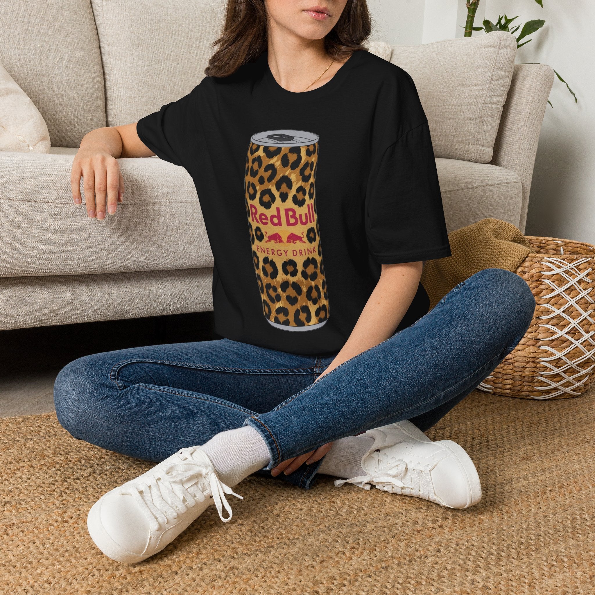 Leopard Print Red Bull Can T‑Shirt — Energy Drink Graphic Tee