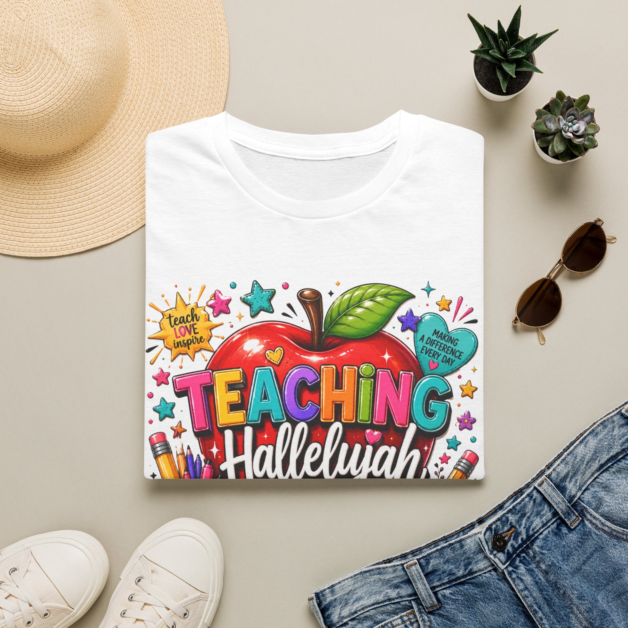 Teacher T-Shirt — "Teaching Hallelujah" Colorful Apple Classroom Tee