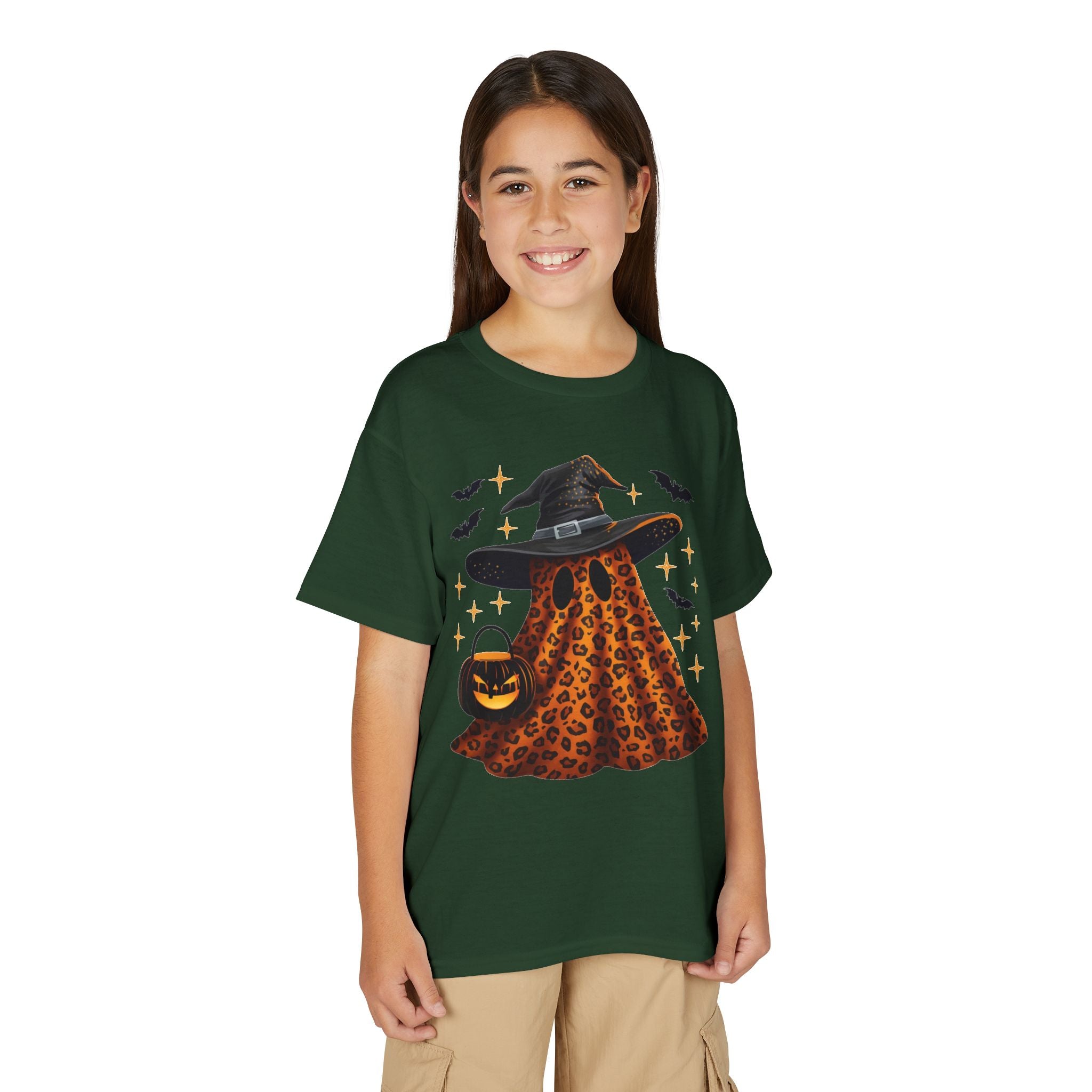 Youth T-Shirt — Leopard Witch Ghost Halloween Tee (Pumpkin Candy Bag, Bats)