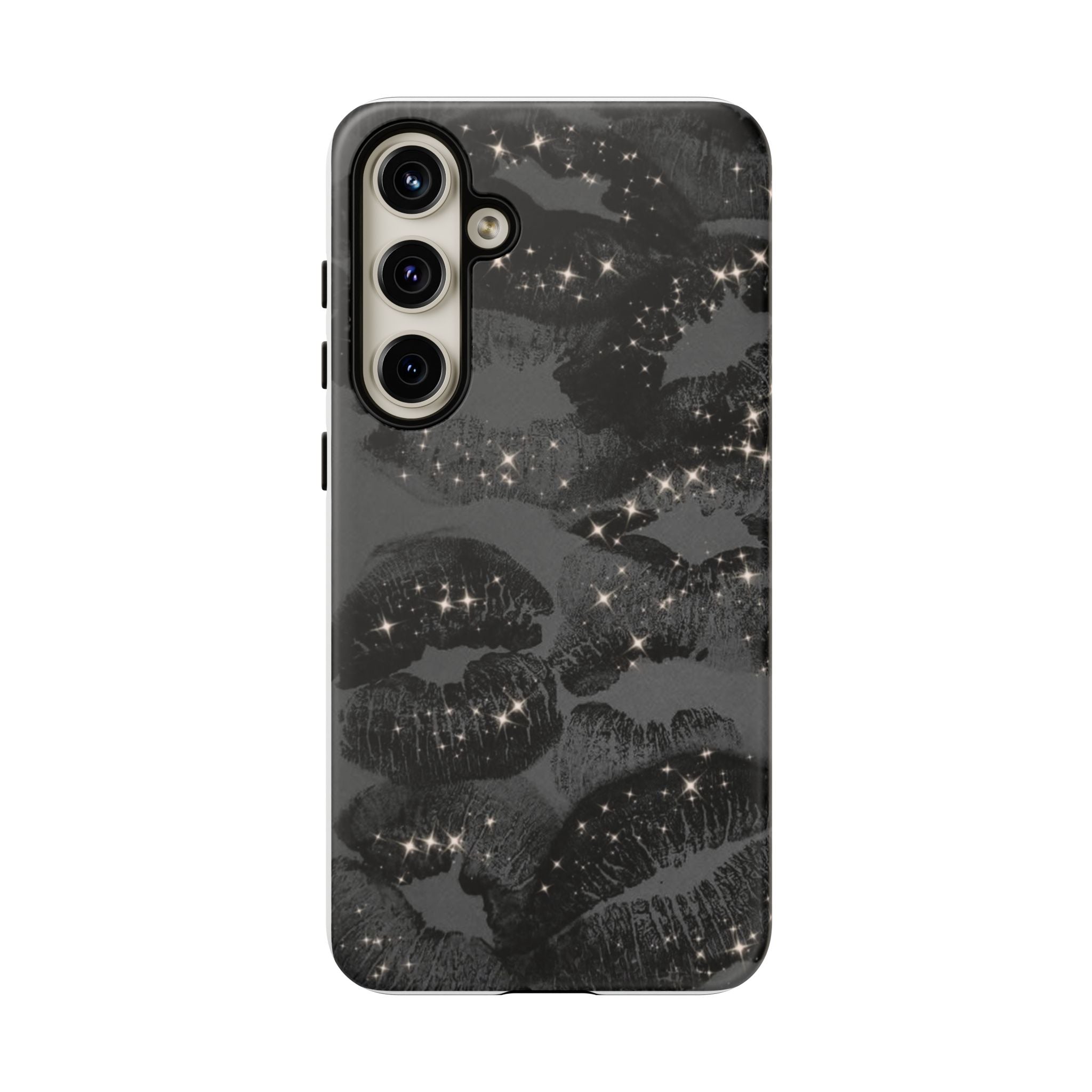 Black Glitter Kiss Phone Case — Sparkling Lip Print Protective Cover
