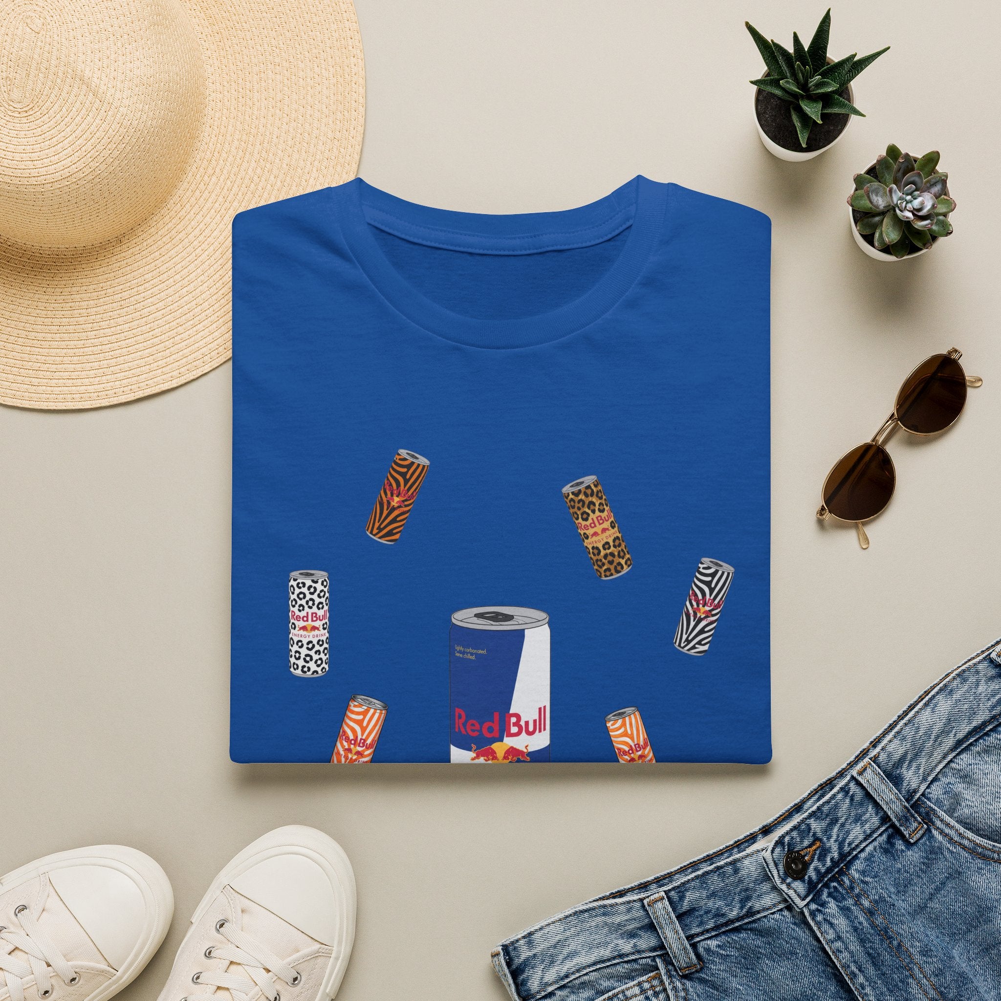 Energy Drink & Lip Balm Graphic T-Shirt — Playful Red Bull Design