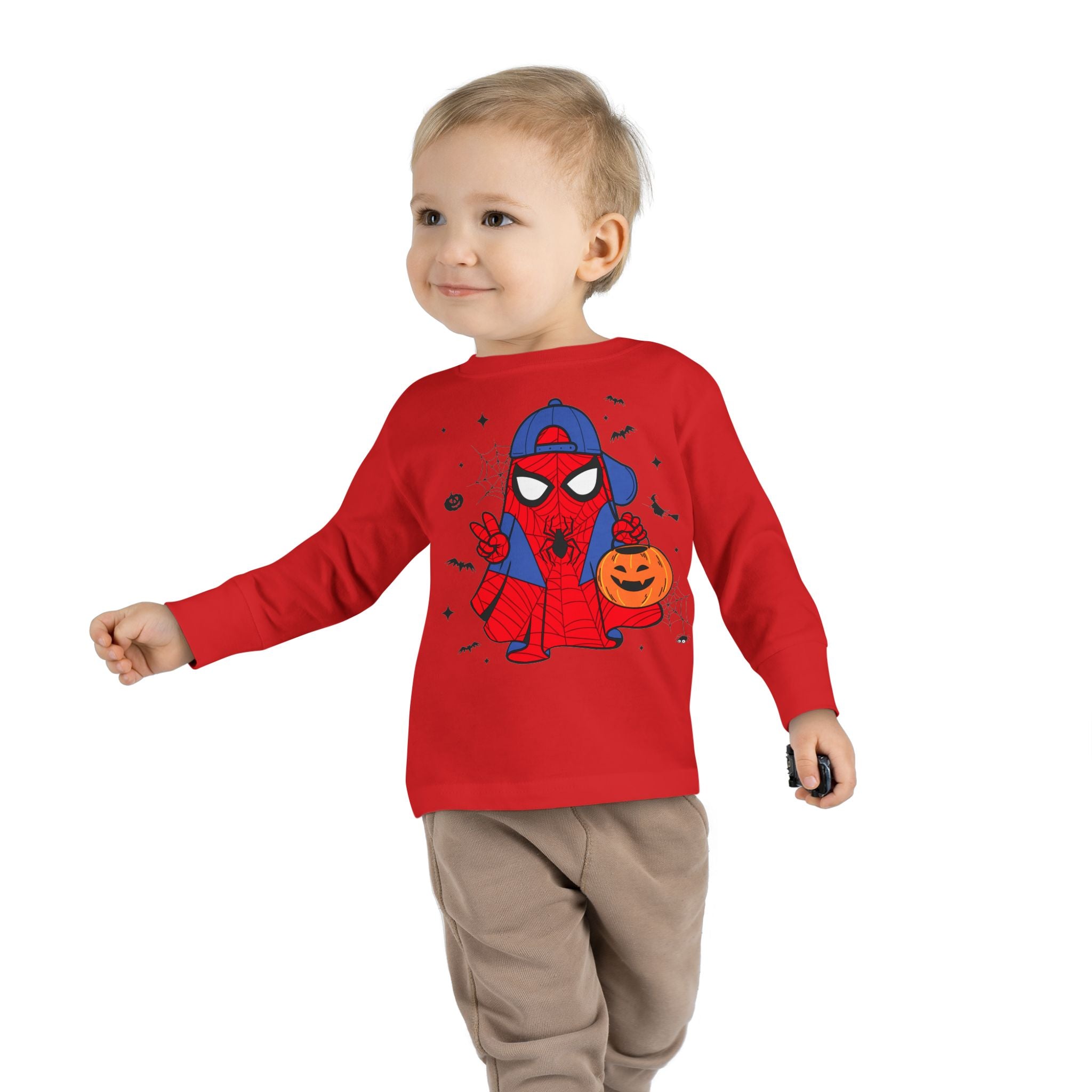 Spider Hero Toddler Long Sleeve Tee — Cute Halloween Pumpkin Trick-or-Treat Shirt