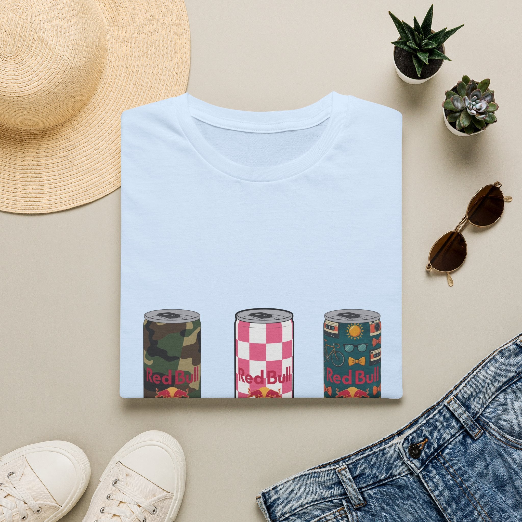 Energy Drink Can Trio T-Shirt — Camouflage, Checker & Floral Cans