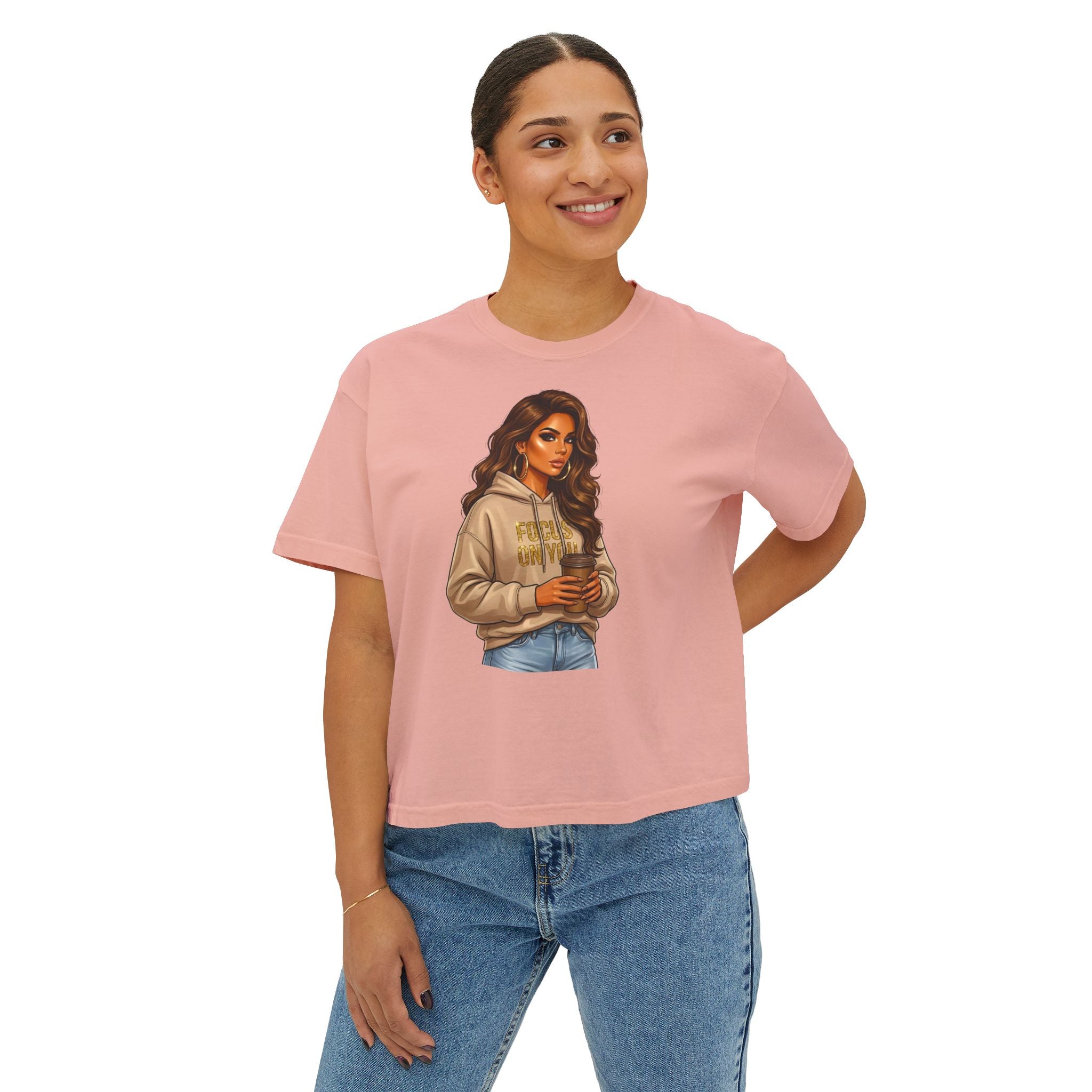 Women's Boxy Tee — Cozy Coffee Girl Graphic Crop T-Shirt
