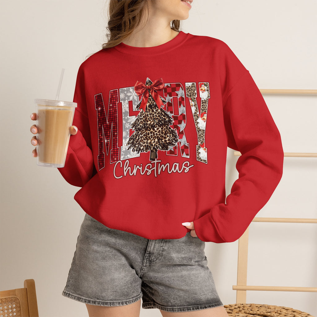 Merry Christmas Crewneck Sweatshirt — Festive Tree & Bow Holiday Sweatshirt