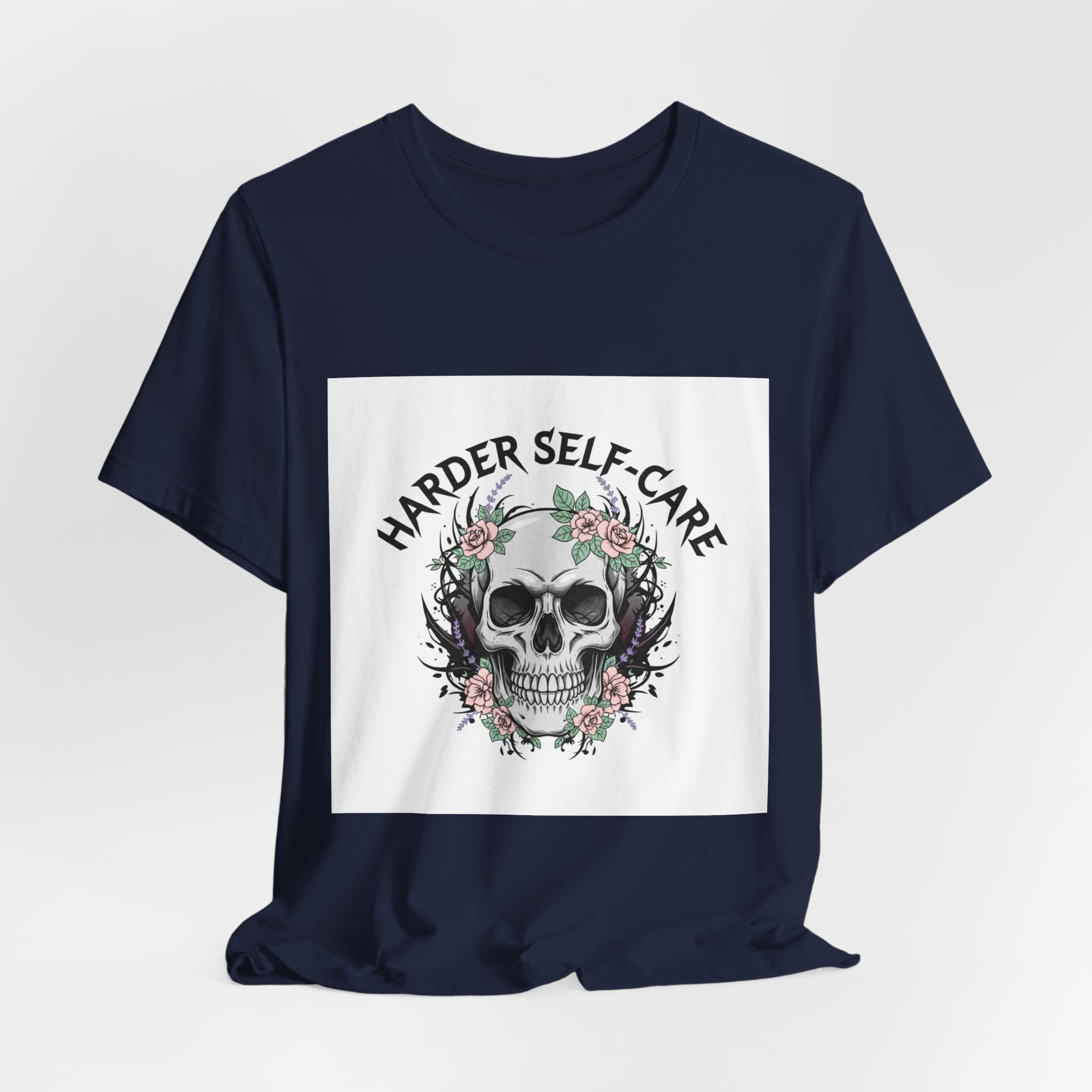 Harder Self-Care Skull Tee | metal font shirt, gothic wellness quote