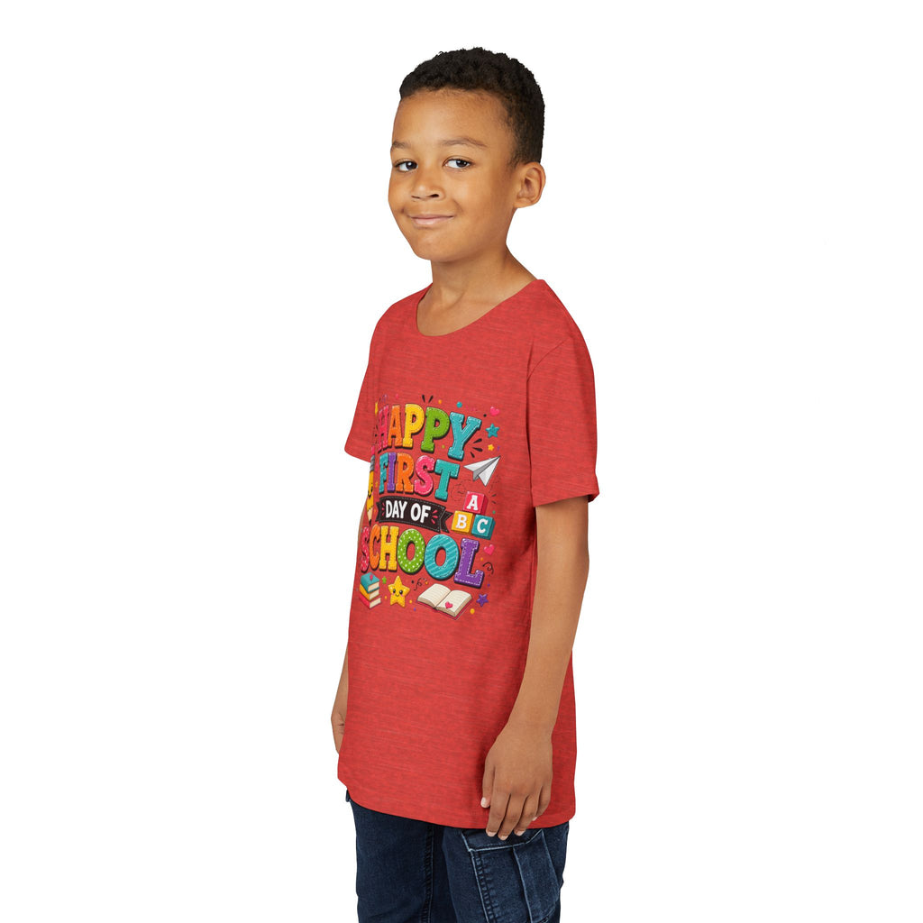 Youth Tee — "Happy First Day of School" Back-to-School Graphic Shirt