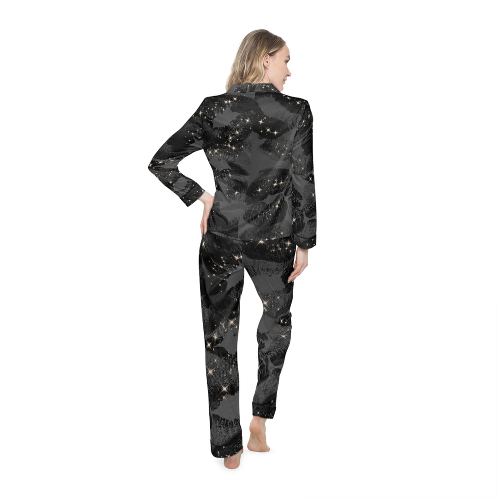 Women's Satin Pajama Set — Black Glitter Lip Print Sleepwear