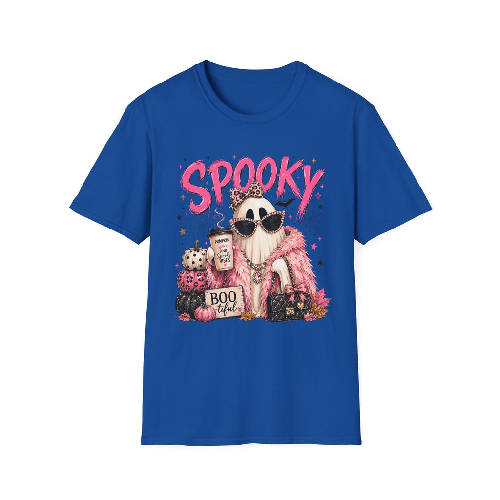 Spooky Glam T-Shirt — Cute Pink Ghost with Sunglasses & Pumpkin Latte