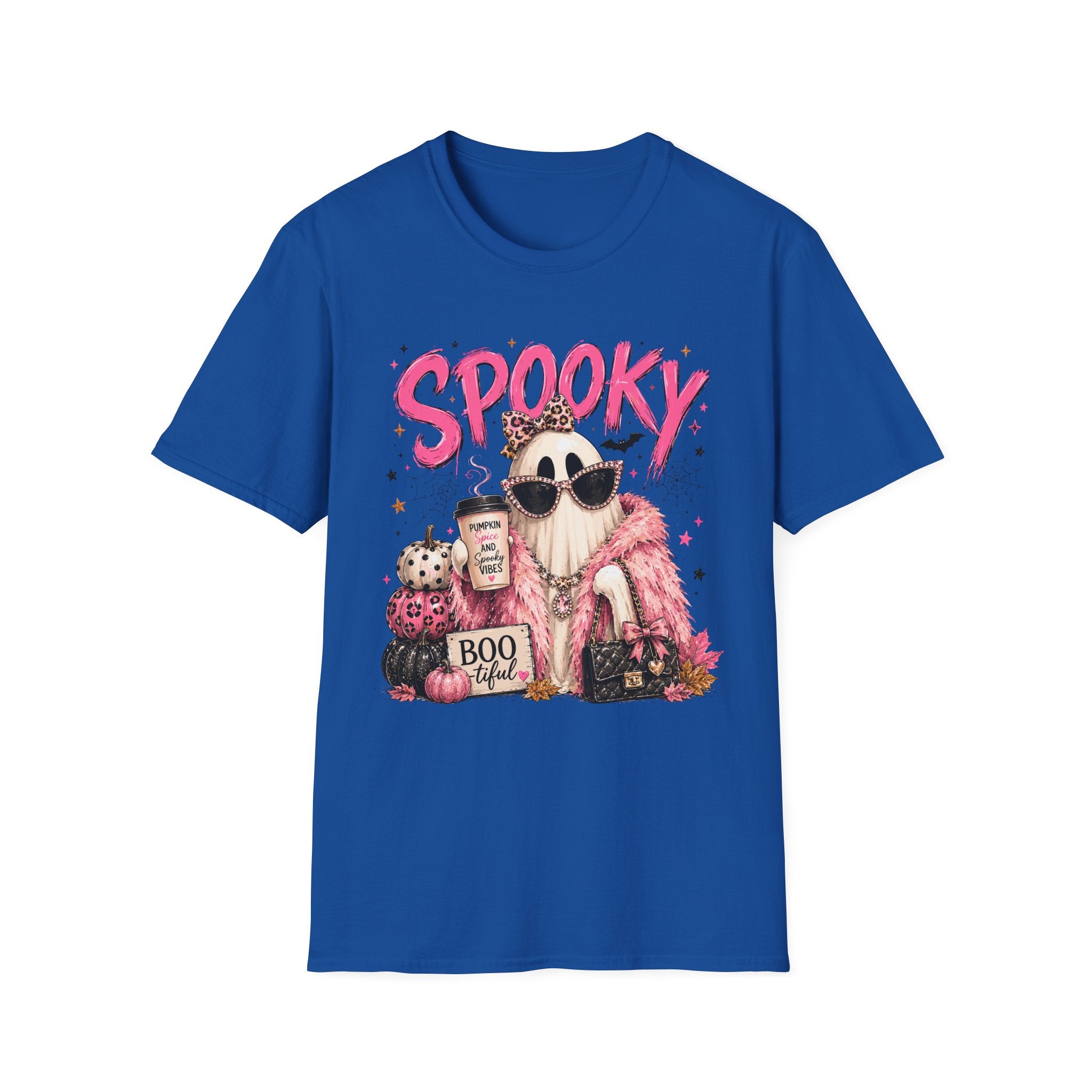 Spooky Glam T-Shirt — Cute Pink Ghost with Sunglasses & Pumpkin Latte