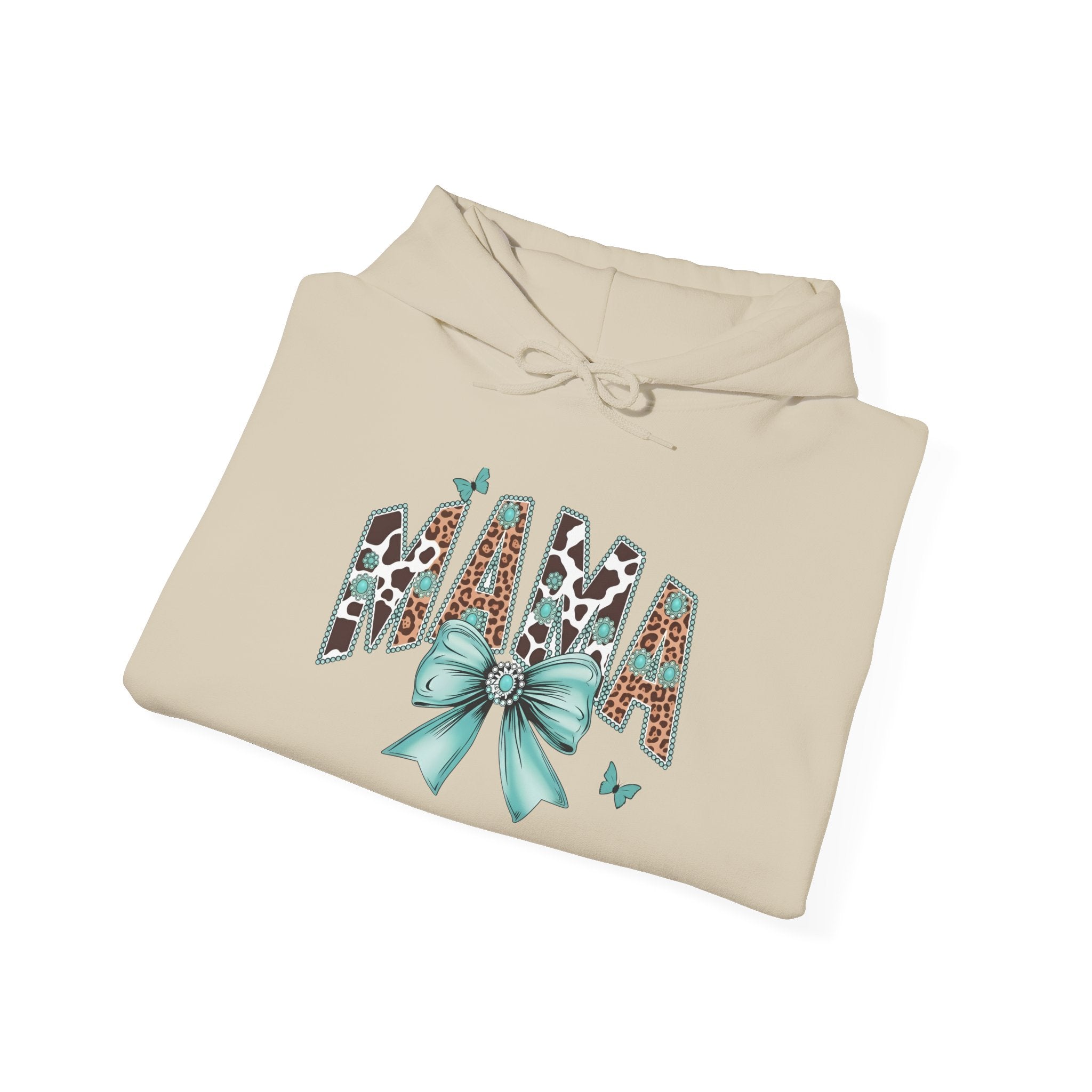 Mama Leopard Letters teal bow Hoodie | Cow print back panel, sleeve bows