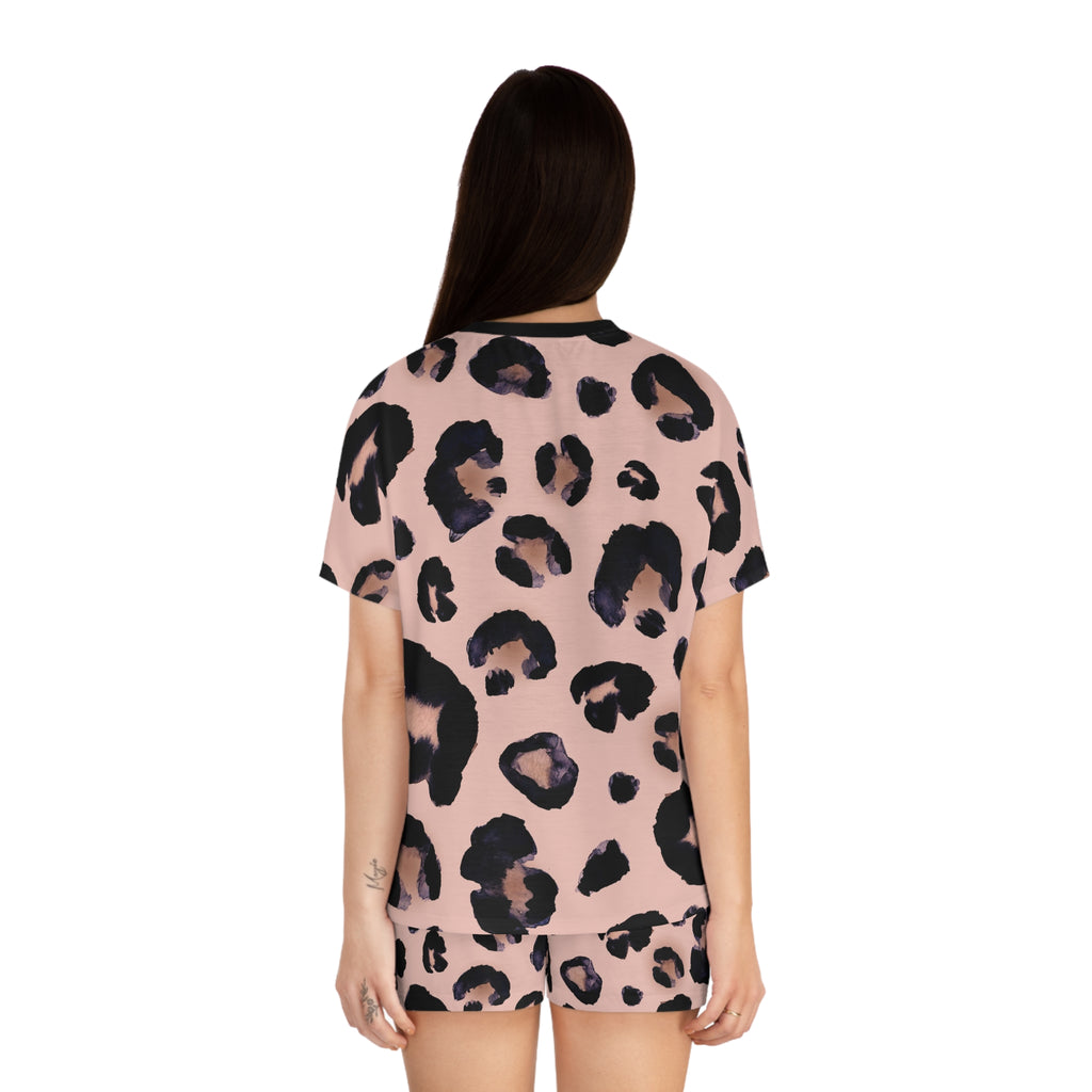 Women's Pink Leopard Print Pajama Set - Short Sleepwear