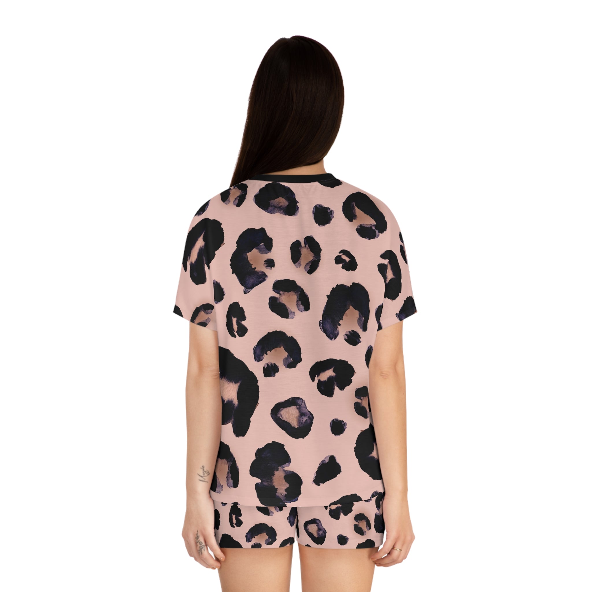 Women's Pink Leopard Print Pajama Set - Short Sleepwear