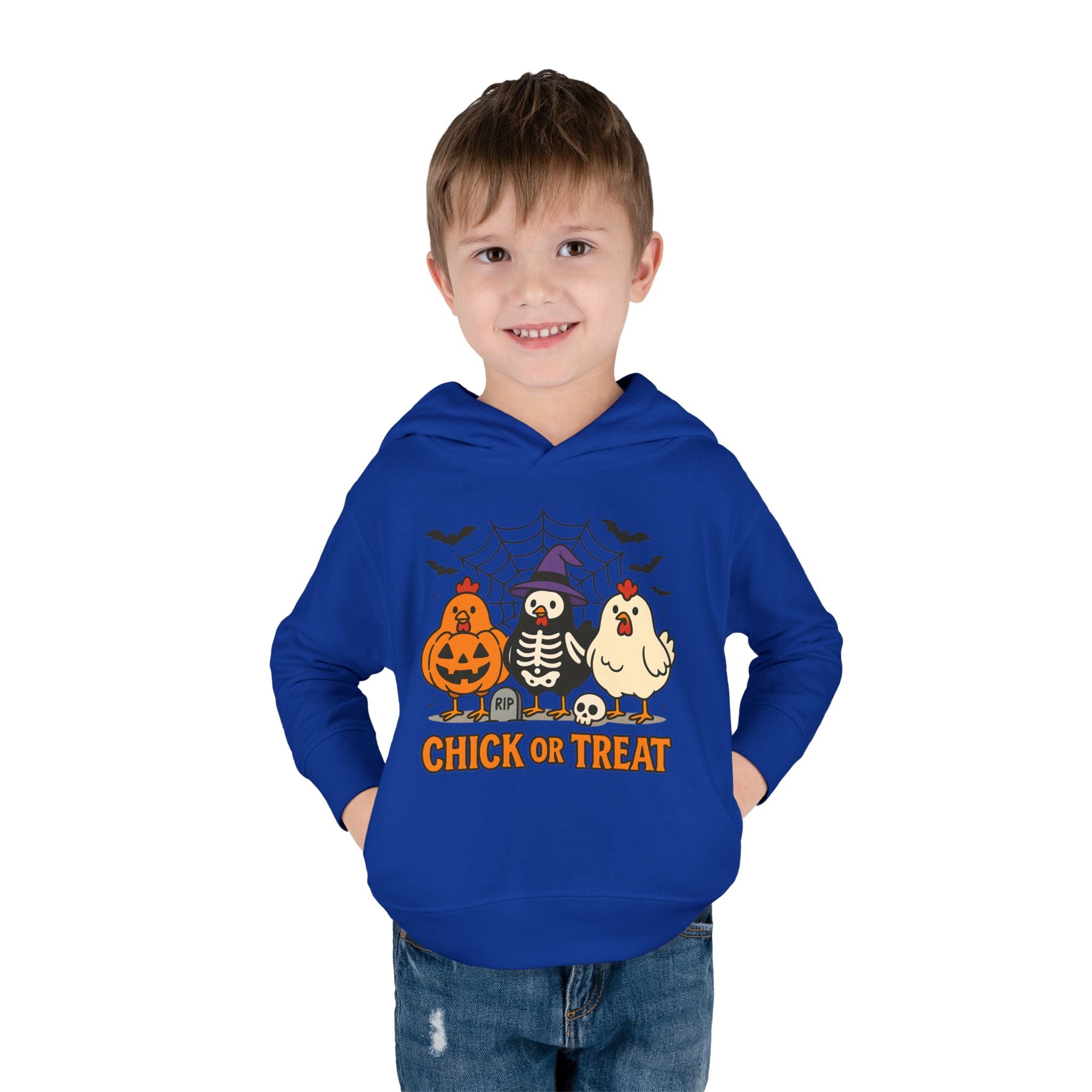 Toddler Halloween Pullover Hoodie – "Chick or Treat" Pumpkin Skeleton Chicken Kids Fleece
