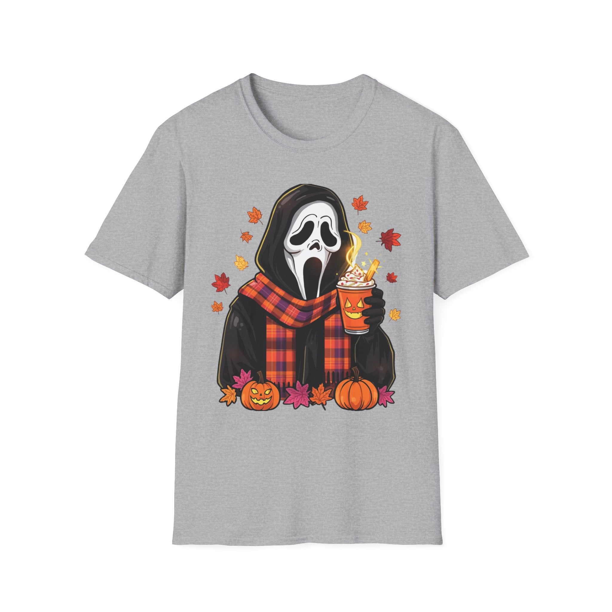 Halloween Scream Mask T‑Shirt — Cozy Fall Pumpkin & Hot Cocoa Graphic Tee