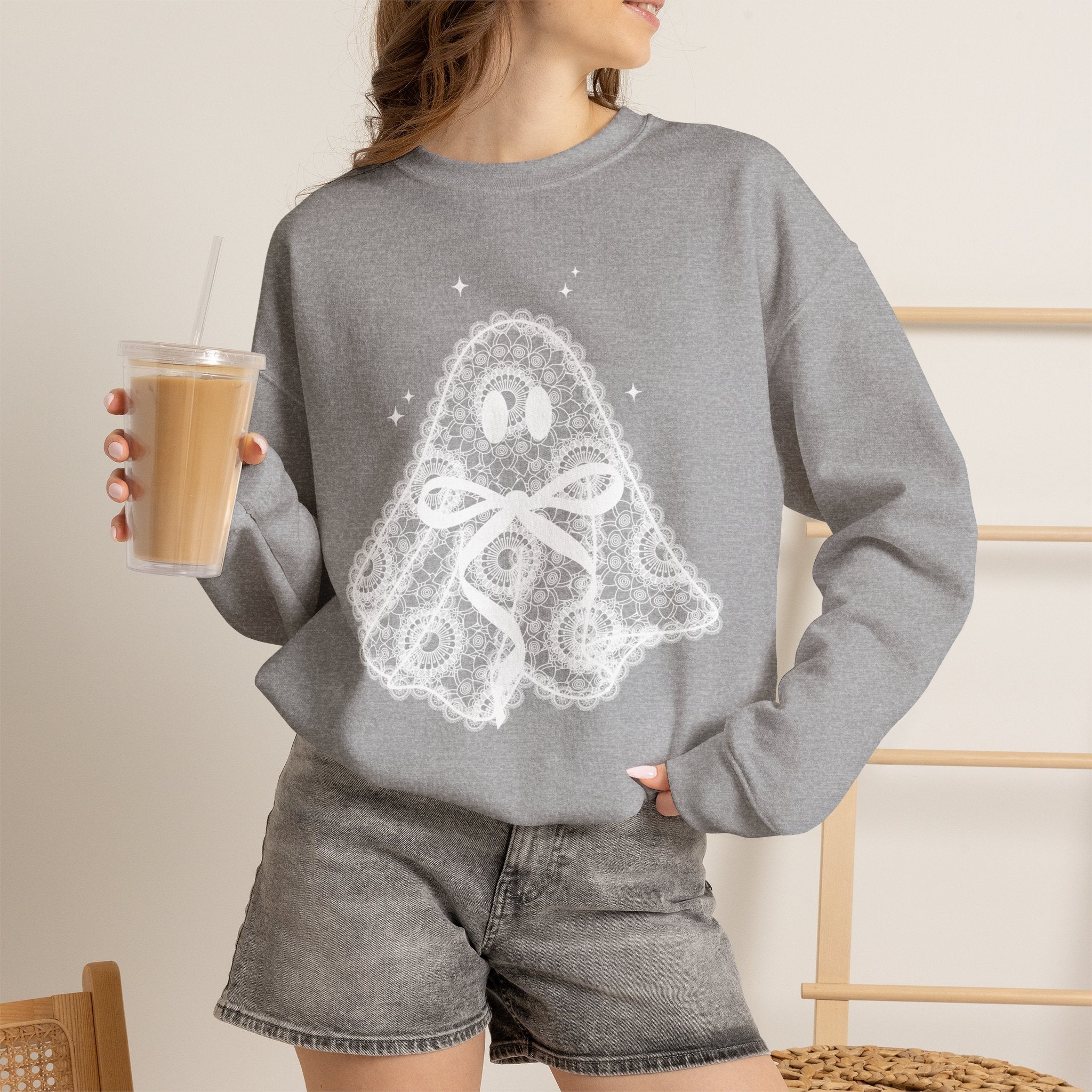 Crewneck Sweatshirt — Lace Ghost Illustration Cozy Halloween Pullover