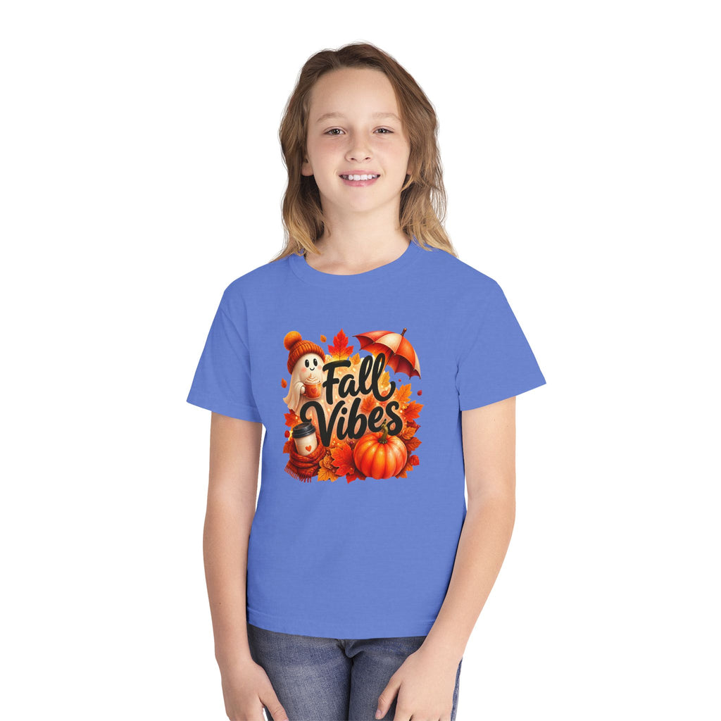 Fall Vibes Youth Tee — Cute Pumpkin, Leaves & Scarecrow Autumn Shirt