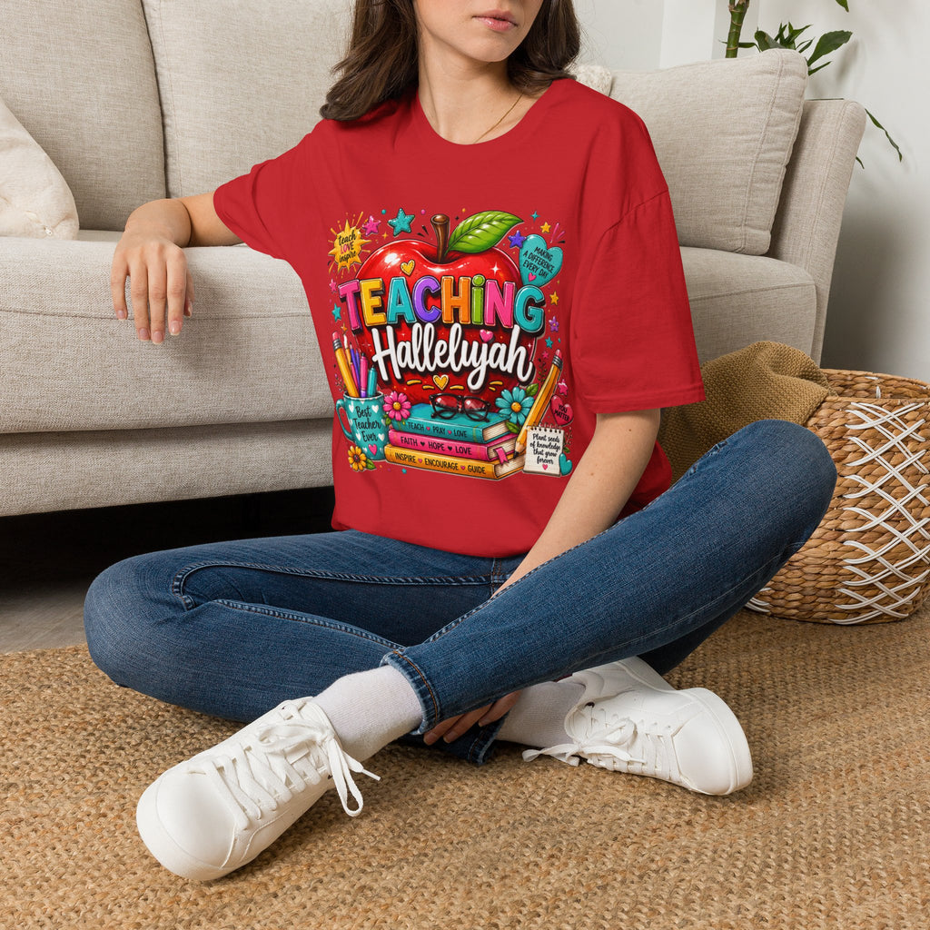 Teacher T-Shirt — "Teaching Hallelujah" Colorful Apple Classroom Tee
