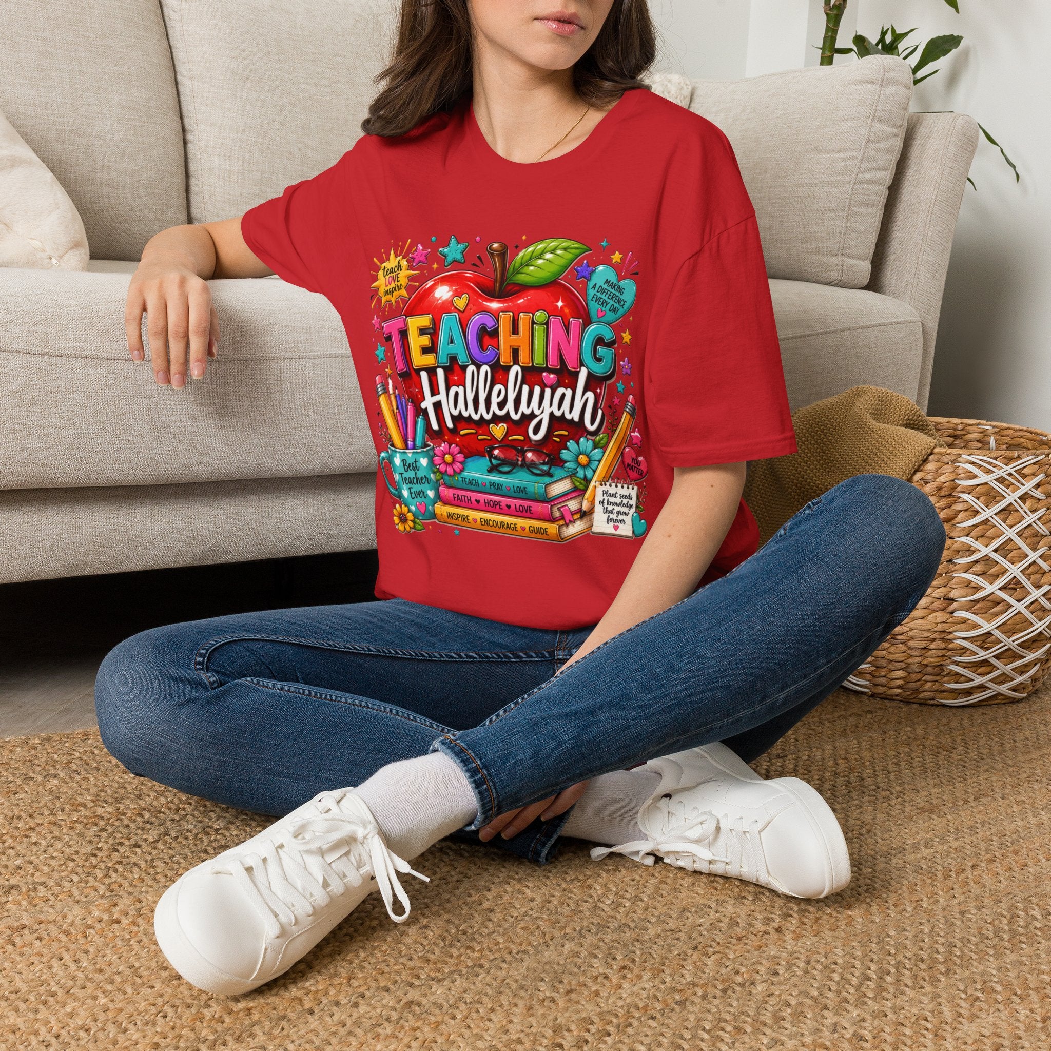 Teacher T-Shirt — "Teaching Hallelujah" Colorful Apple Classroom Tee