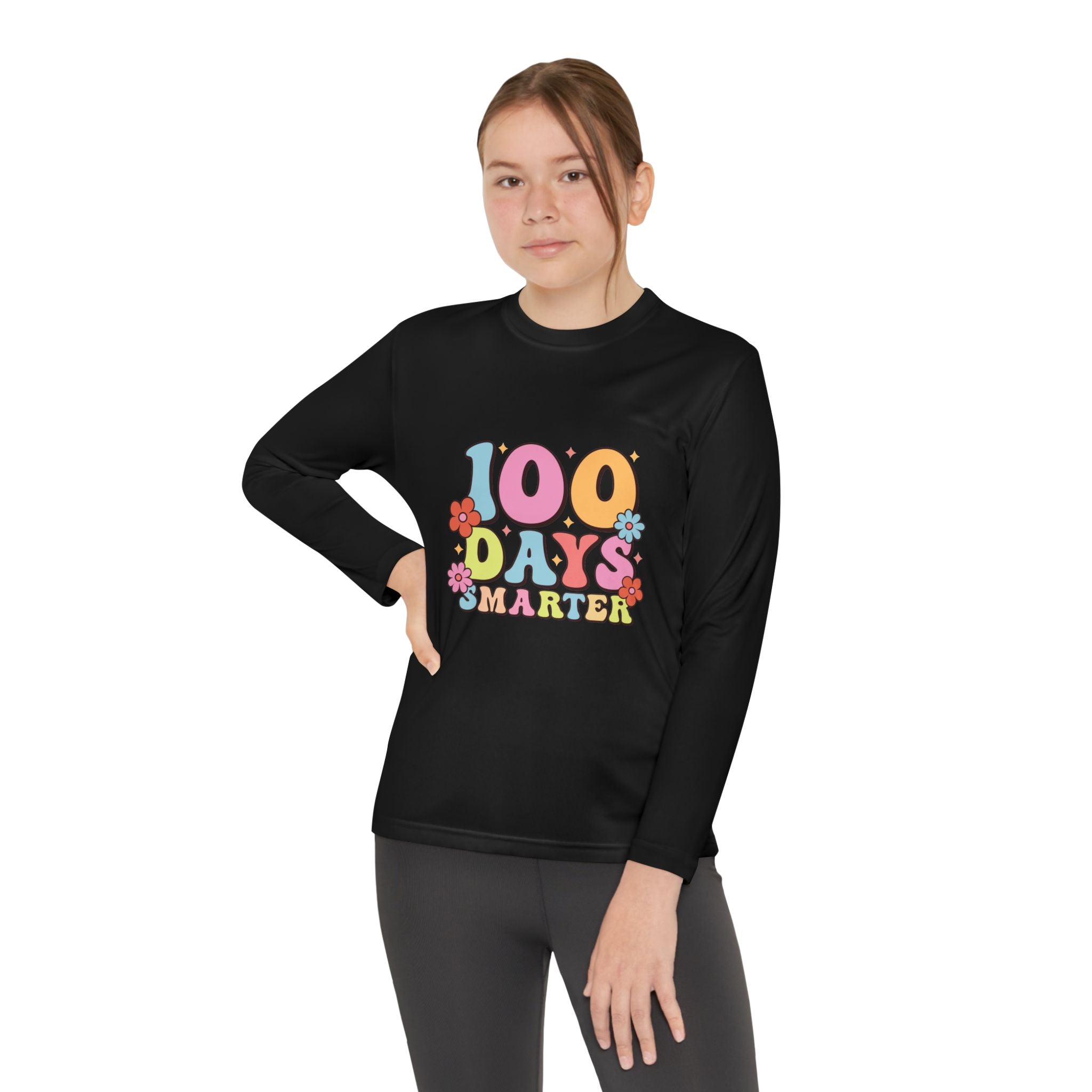 100 Days Smarter Youth Long Sleeve Tee — Retro Floral School Celebration Shirt