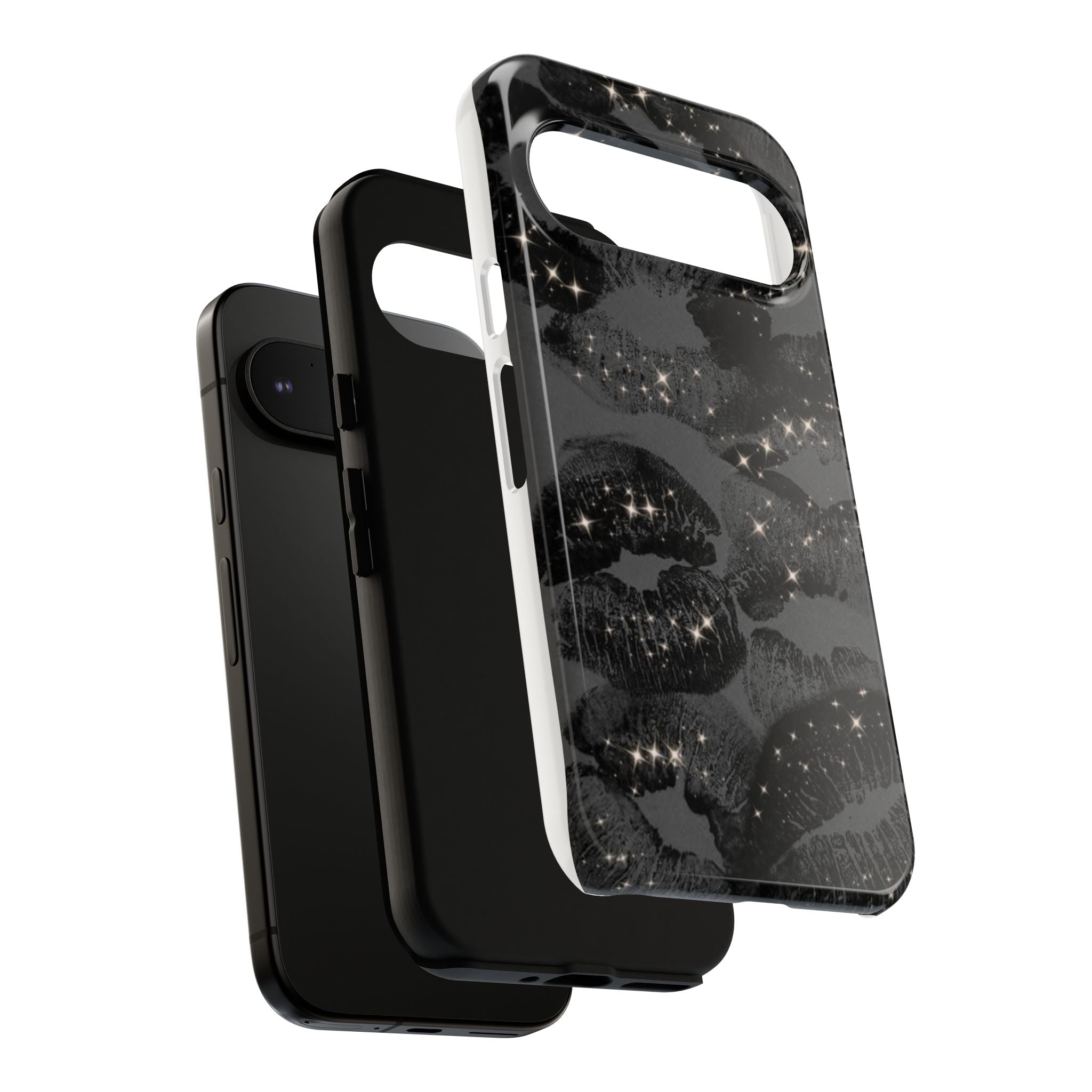 Black Glitter Kiss Phone Case — Sparkling Lip Print Protective Cover