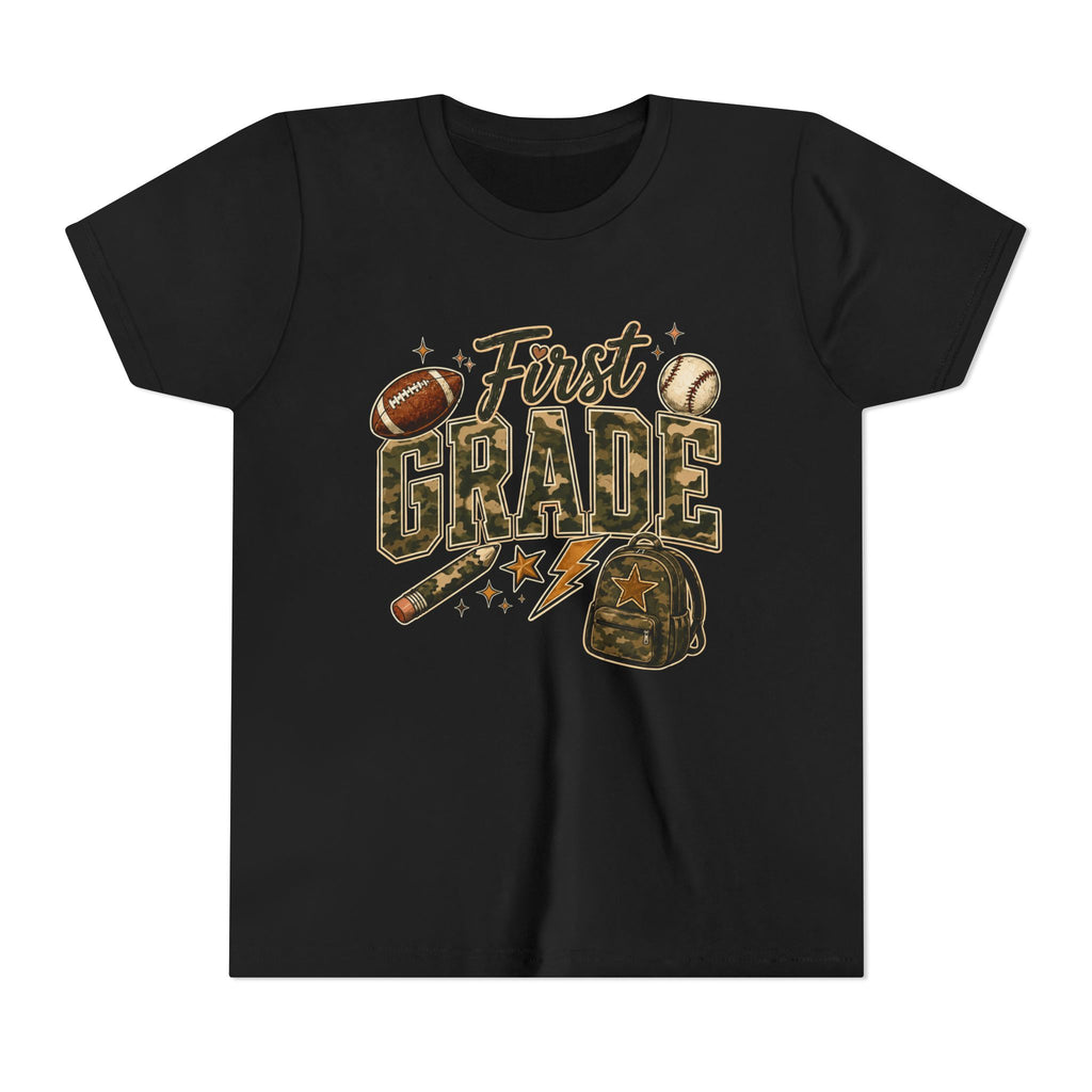 First Grade Kids T‑Shirt — Back to School Sports Backpack Design